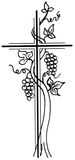 Kreuz mit Weinreben und Trauben, umrankt von gr&uuml;nen Bl&auml;ttern, in geschwungener, minimalistischer Linienzeichnung.