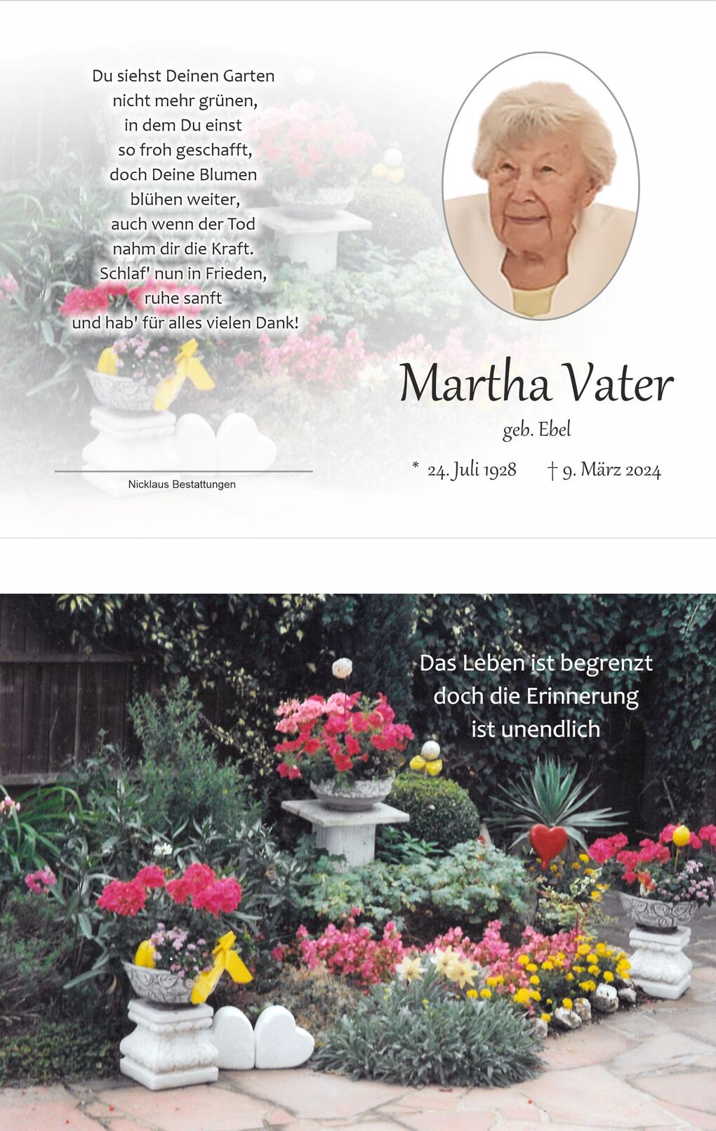 Gedenkbild f&uuml;r Martha Vater mit Blumenbeeten, Steint&ouml;pfen und einer pers&ouml;nlichen Botschaft im Hintergrund.