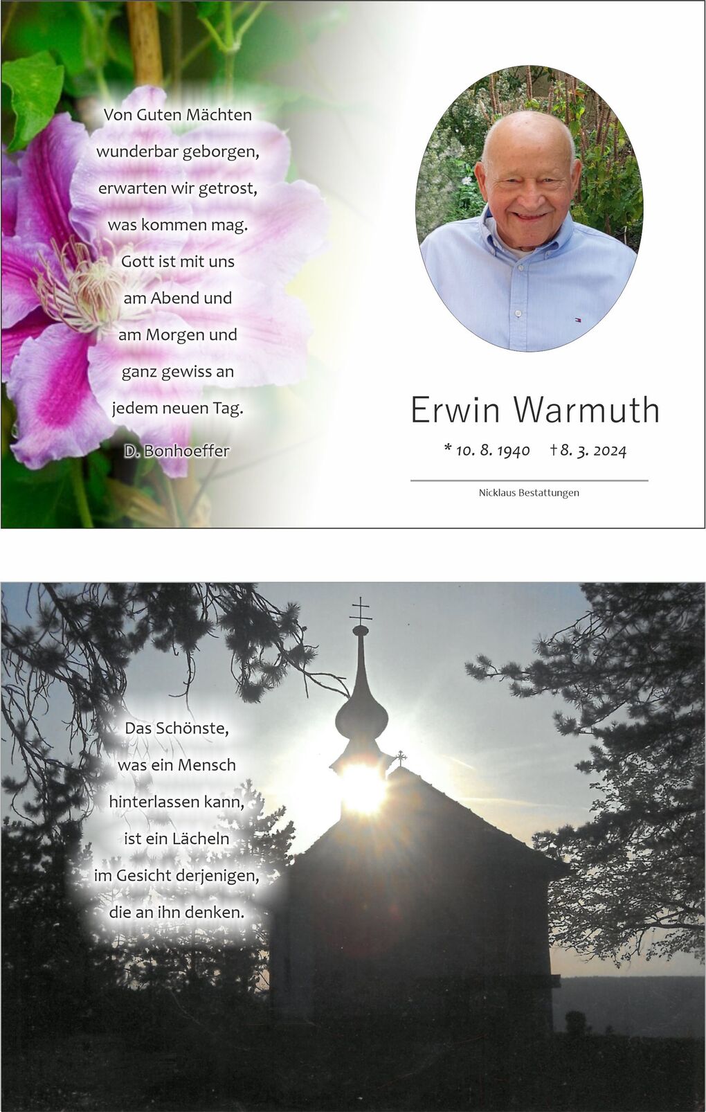 Bild von Erwin Warmuth mit Blumenmotiv und einem Zitat &uuml;ber das Leben, umgeben von einem lichten Hintergrund.