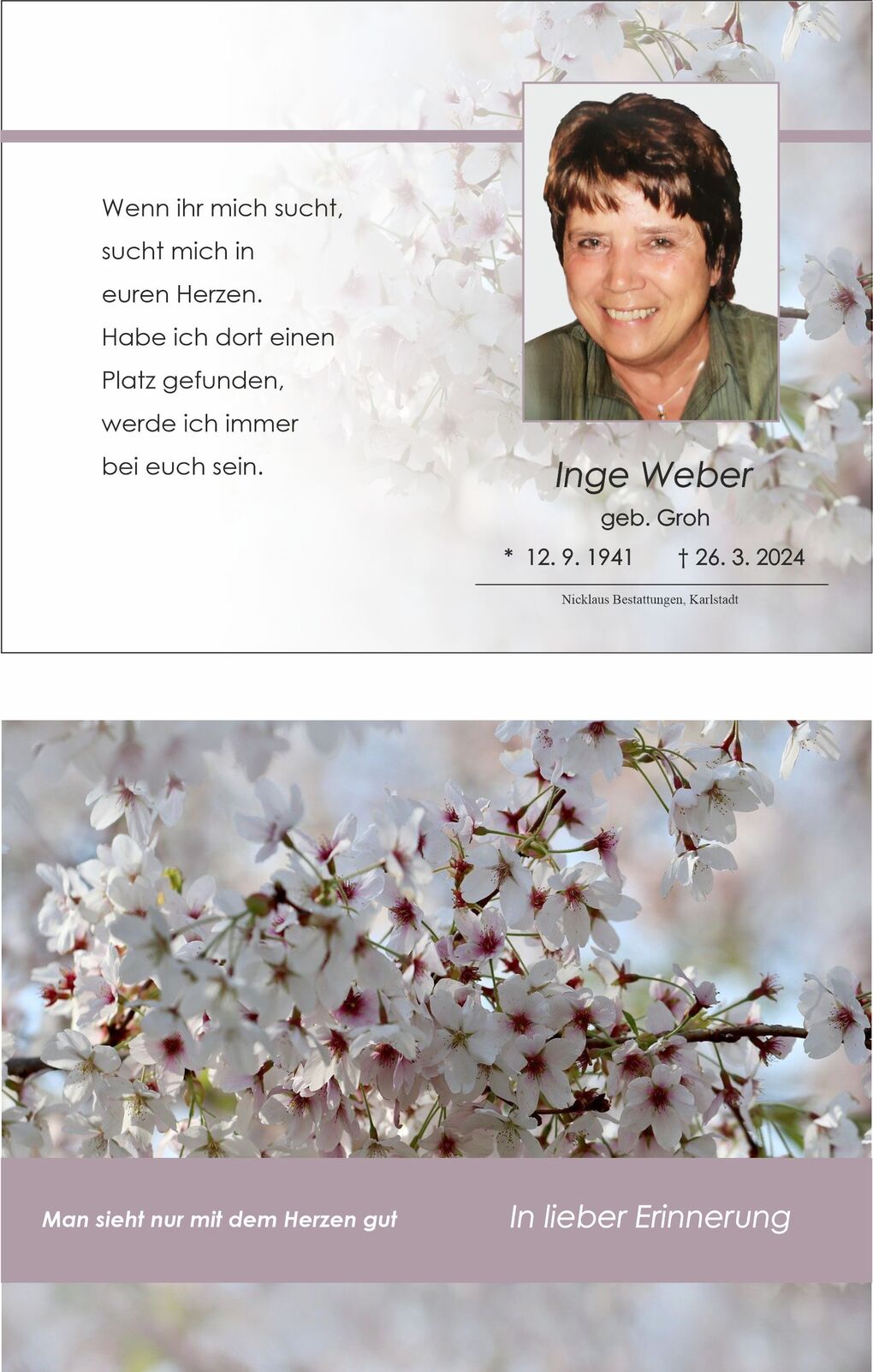 Gedenkbild mit Portr&auml;t von Inge Weber, umgeben von bl&uuml;henden Kirschbl&uuml;ten und einem einf&uuml;hlsamen Spruch.