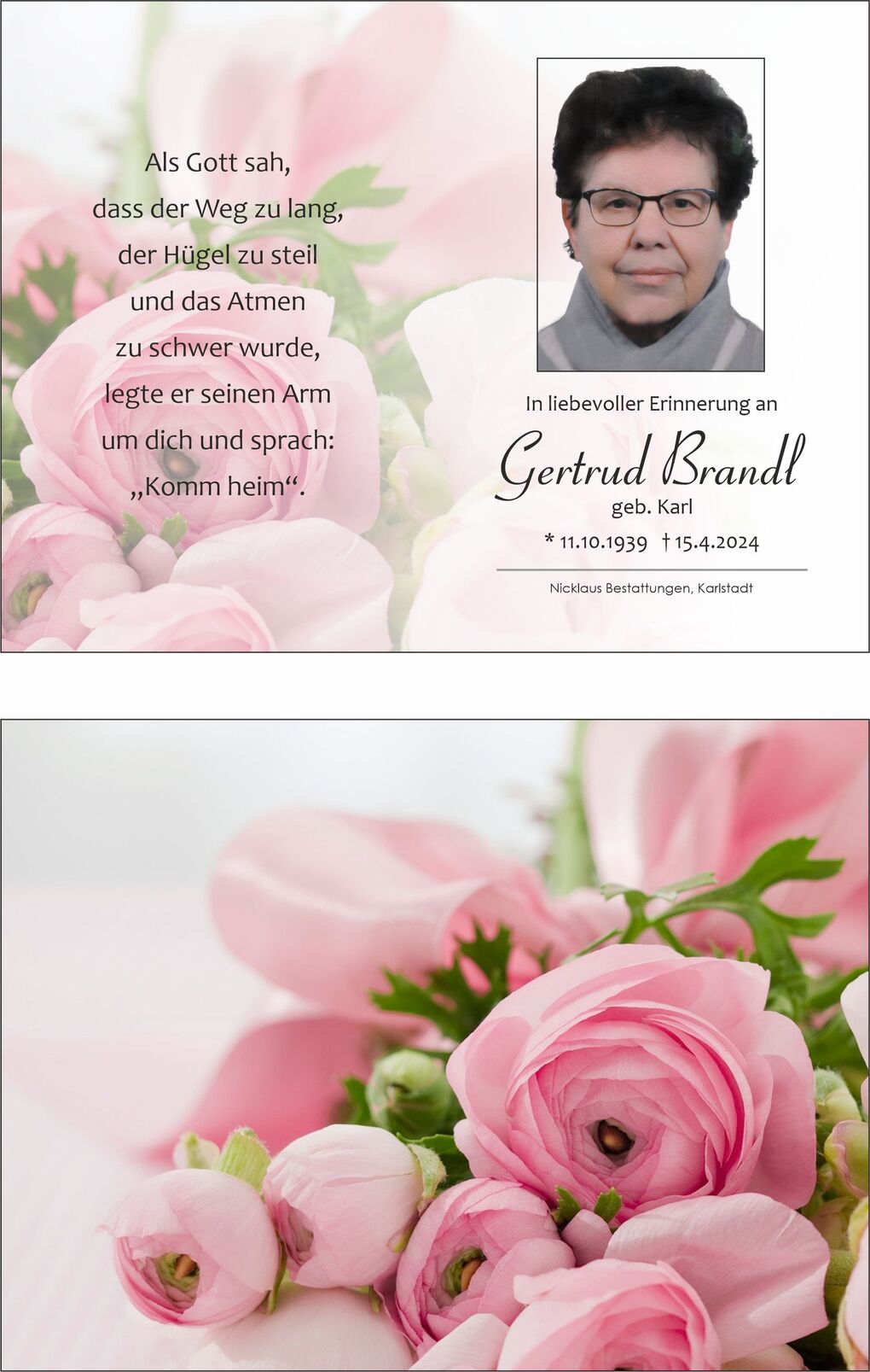 Trauerkarte mit Bildern von rosa Blumen und einem Foto von Gertrud Brandl, umrahmt von einem Text in Erinnerung an sie.