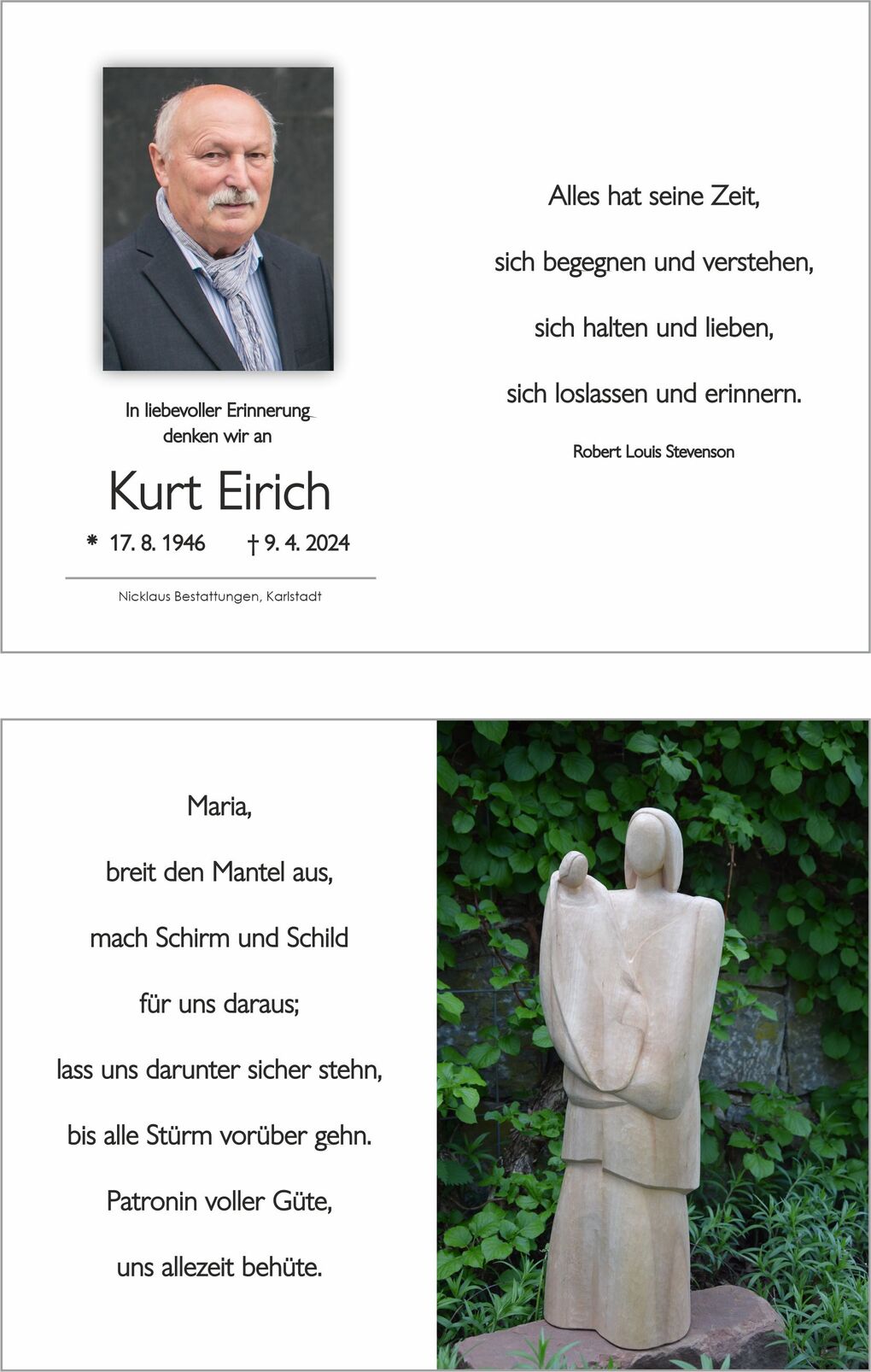 Erinnerungsbild f&uuml;r Kurt Eirich mit Fotografie, Geburts- und Sterbedatum sowie einem Gedicht auf der linken Seite.