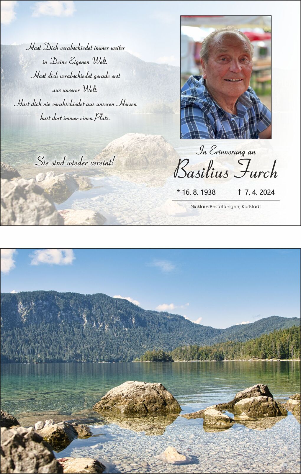 Gedenkblatt f&uuml;r Basililus Furch mit Portr&auml;t und Naturmotiv einer Bergsee-Landschaft. Text tr&ouml;stet Hinterbliebene.
