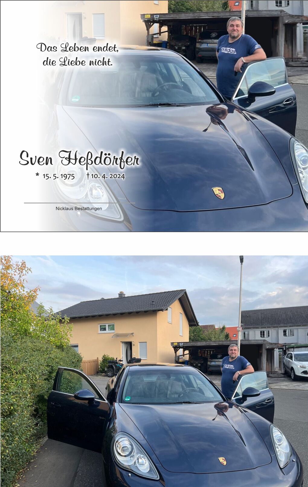 Mann steht neben einem schwarzen Porsche, w&auml;hrend er an der offenen T&uuml;r des Fahrzeugs lehnt, vor einem Haus.