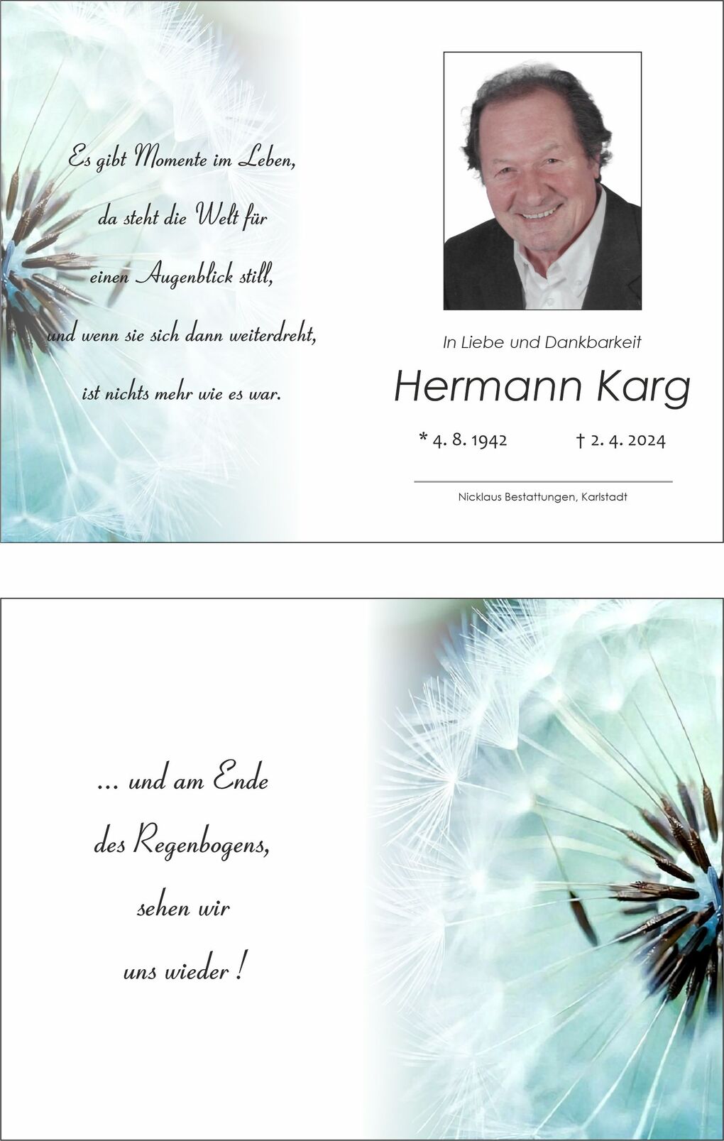 Trauerkarte mit einem verblassten L&ouml;wenzahn und Texten zur Erinnerung an Hermann Karg, gestorben am 2. April 2024.