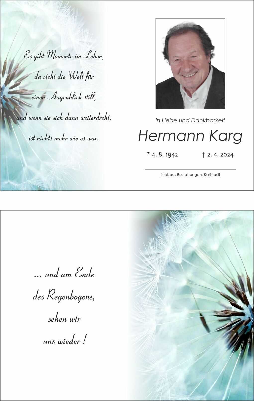 Trauerkarte mit einem verblassten L&ouml;wenzahn und Texten zur Erinnerung an Hermann Karg, gestorben am 2. April 2024.