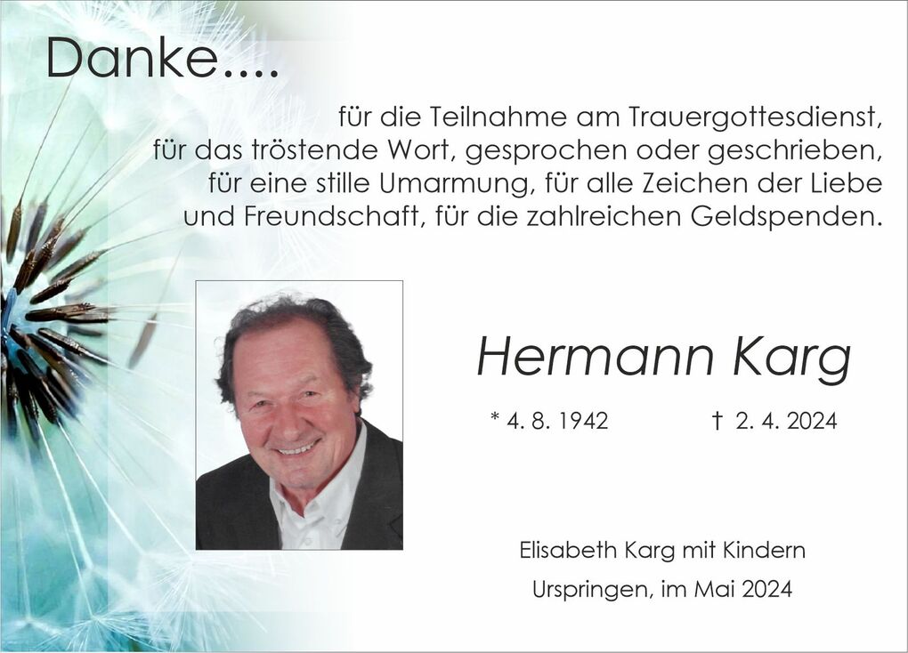 Trauerkarte mit Dankesworten, Portr&auml;t von Hermann Karg, Geburts- und Sterbedatum sowie Unterschrift der Familie.