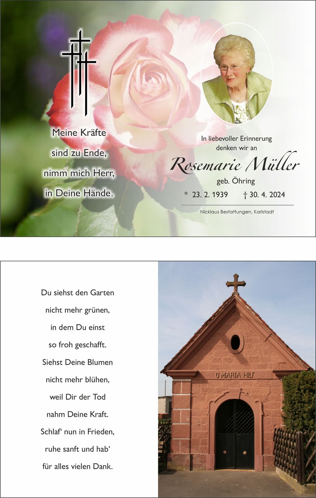 Sterbebild f&uuml;r Rosemarie M&uuml;ller, mit Rosenmotiv und Text, sowie Bild einer Kapelle mit Kreuz auf dem Dach.