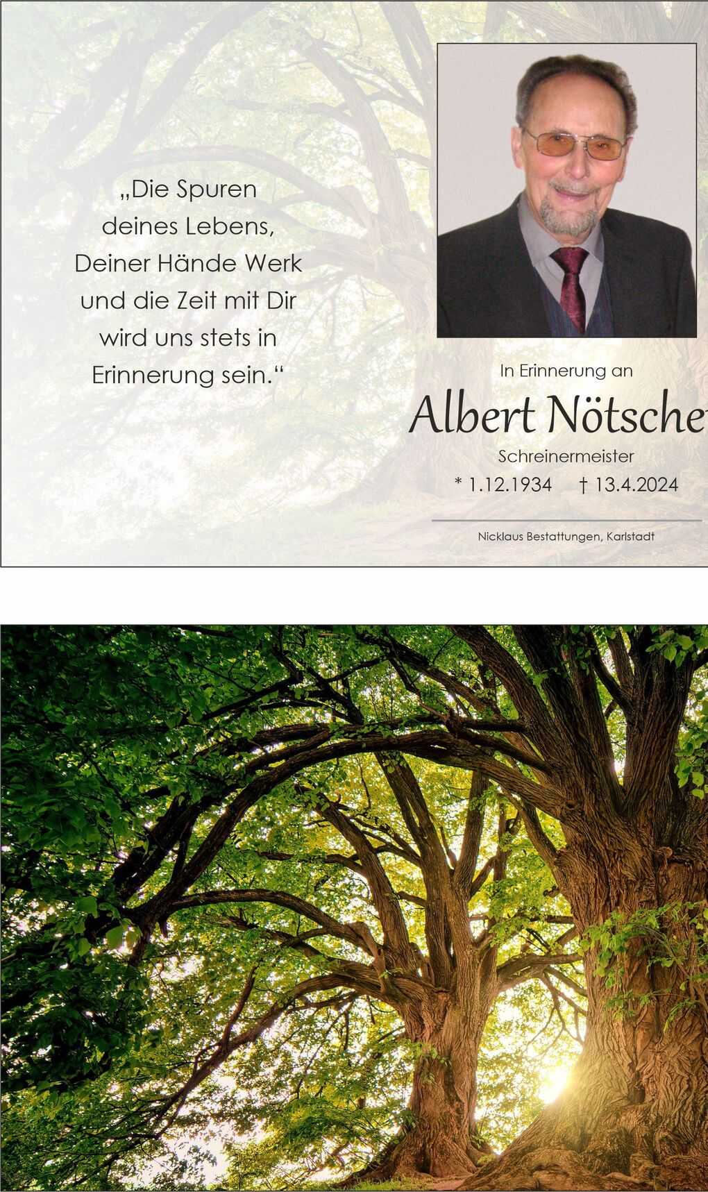 Gedenkblatt f&uuml;r Albert N&ouml;tscher mit Foto und Text &uuml;ber sein Leben, umgeben von einem Baum mit bl&auml;ttriger Krone.