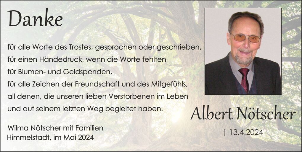 Traueranzeige mit Dankesworten, Foto eines &auml;lteren Mannes in Anzug, ruhiger Hintergrund mit B&auml;umen.