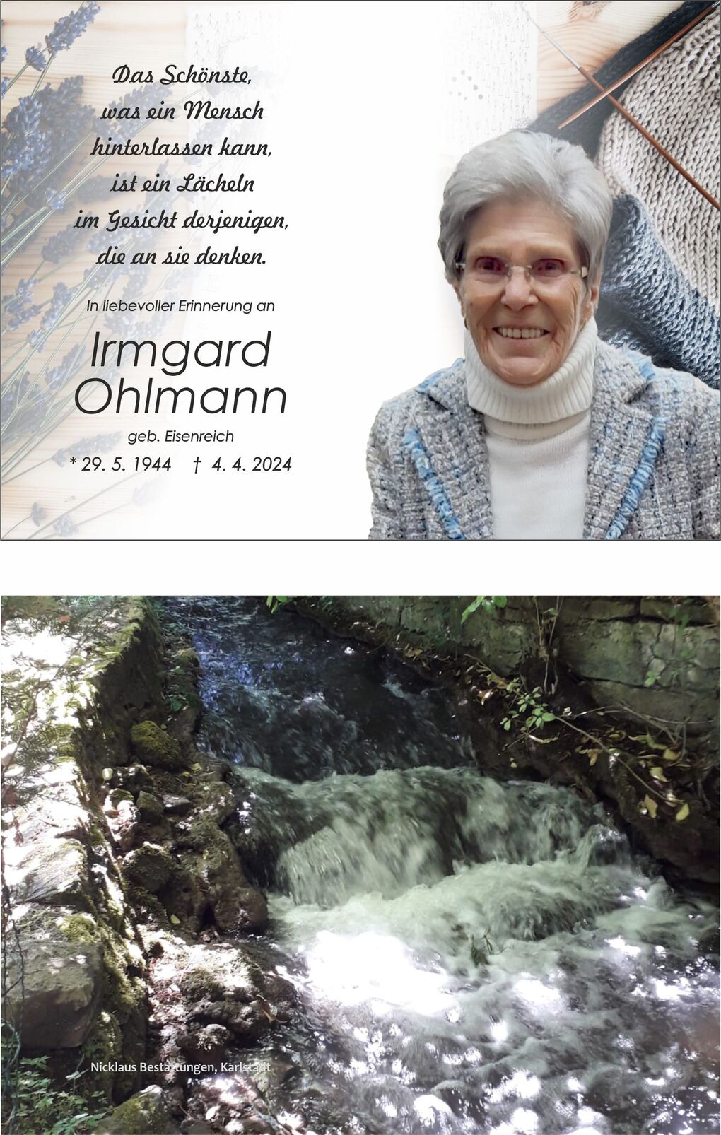 Portr&auml;t einer &auml;lteren Frau mit grauen Haaren, l&auml;chelnd, umgeben von floralem Hintergrund und einem Text in Gedenken an sie.