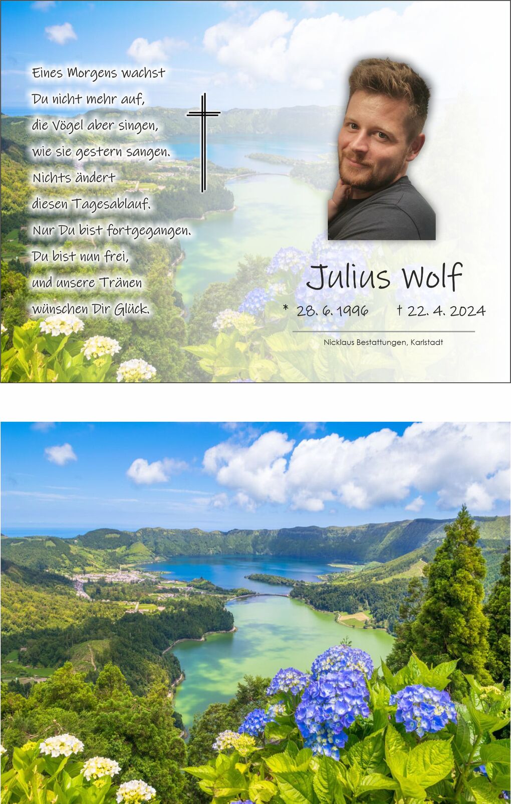 Traueranzeige f&uuml;r Julius Wolf mit Bild, darunter eine Landschaft mit Seen, Bergen und bl&uuml;henden Blumen.