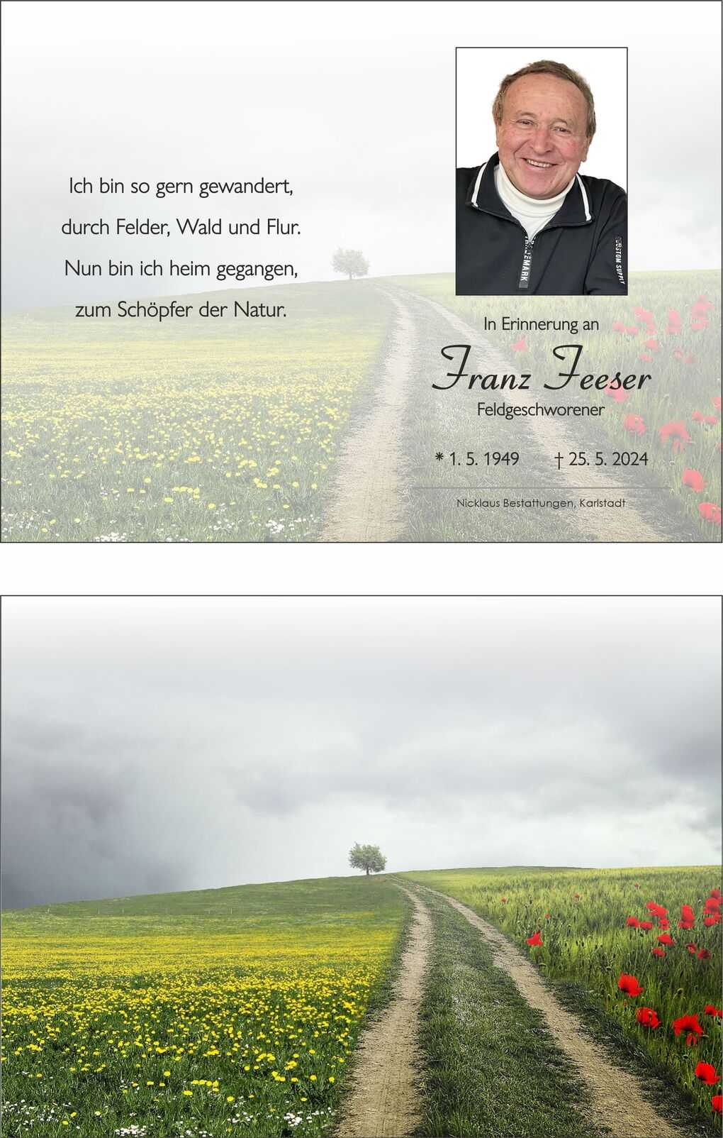 Gedenkblatt mit einem Portr&auml;t von Franz Feeser, umgeben von einer bl&uuml;henden Landschaft und einem gewundenen Weg.