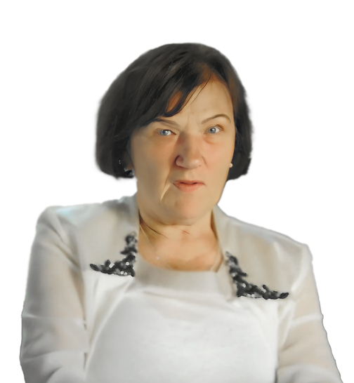 Portr&auml;t einer Frau mit kurzem, dunklem Haar, die einen verwunderten Gesichtsausdruck zeigt und ein wei&szlig;es Oberteil tr&auml;gt.