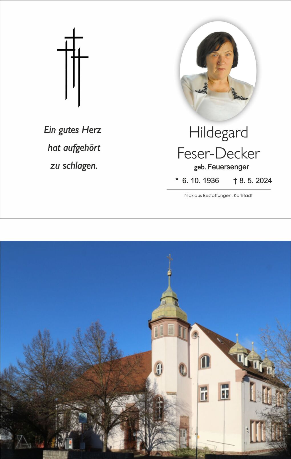 Trauerkarte mit Bild einer Frau, Text &uuml;ber ihr Leben und Informationsdetails zu Bestattungen, umgeben von B&auml;umen und blauem Himmel.