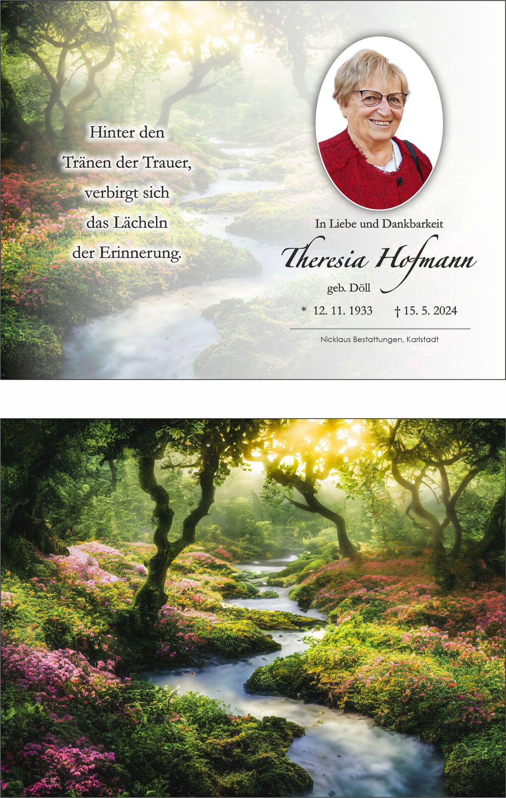 Trauerrand mit Portr&auml;t einer &auml;lteren Frau in rotem Pullover, umgeben von einem bl&uuml;henden Wald und ruhigem Wasserlauf.