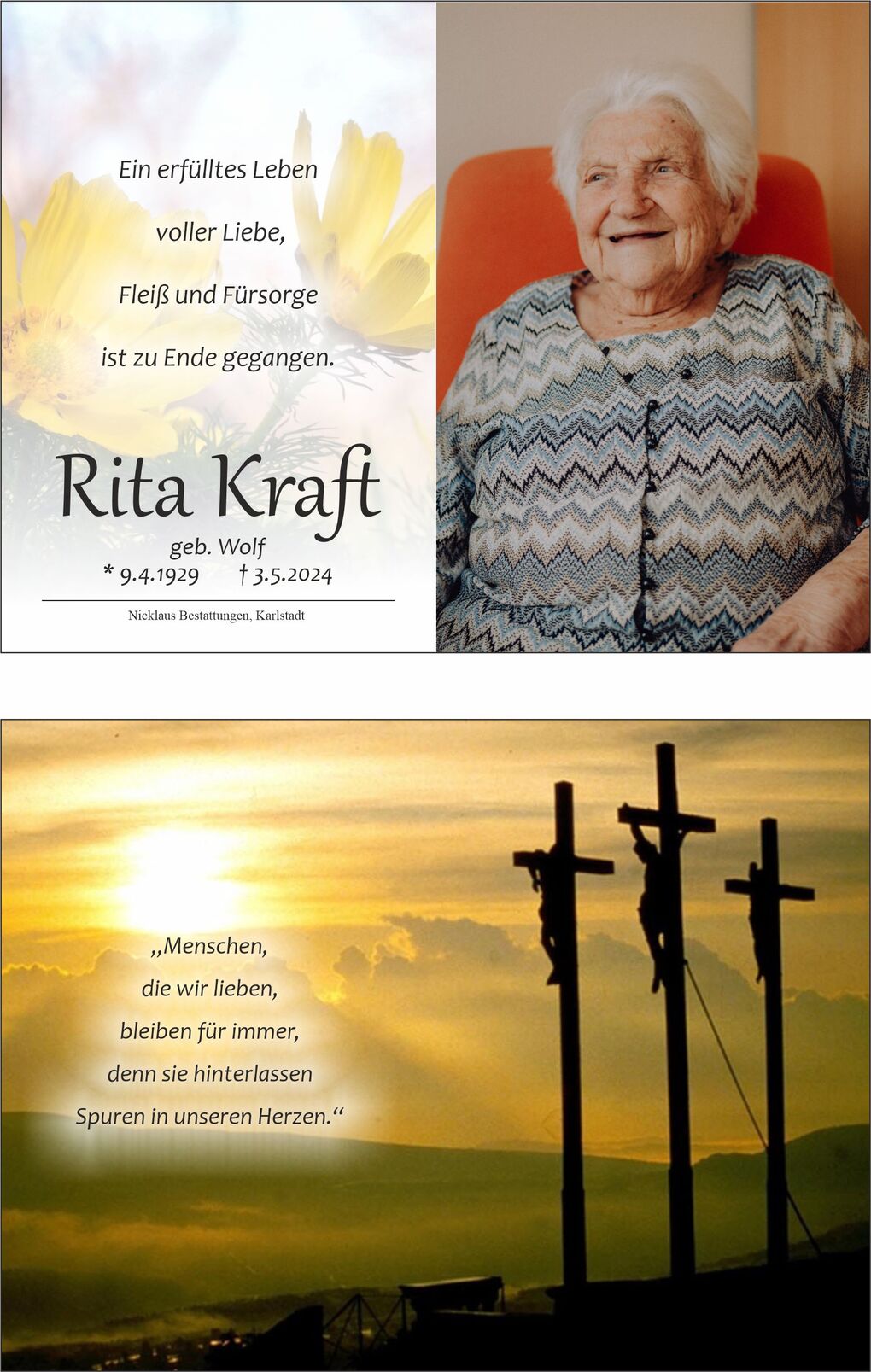 Portrait einer &auml;lteren Frau mit wei&szlig;em Haar in einem grauen, gemusterten Pullover, l&auml;chelnd auf einem orangefarbenen Stuhl.