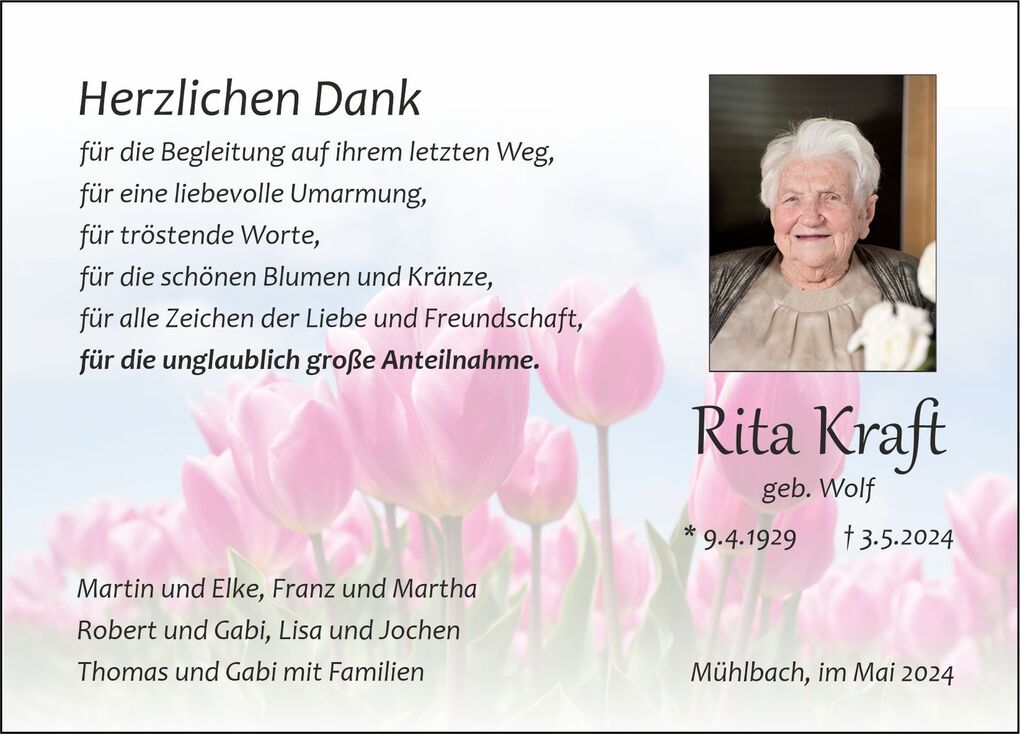 Dankeskarten-Layout mit rosa Tulpen im Hintergrund, Portr&auml;t von Rita Kraft rechts, Text in deutscher Sprache.