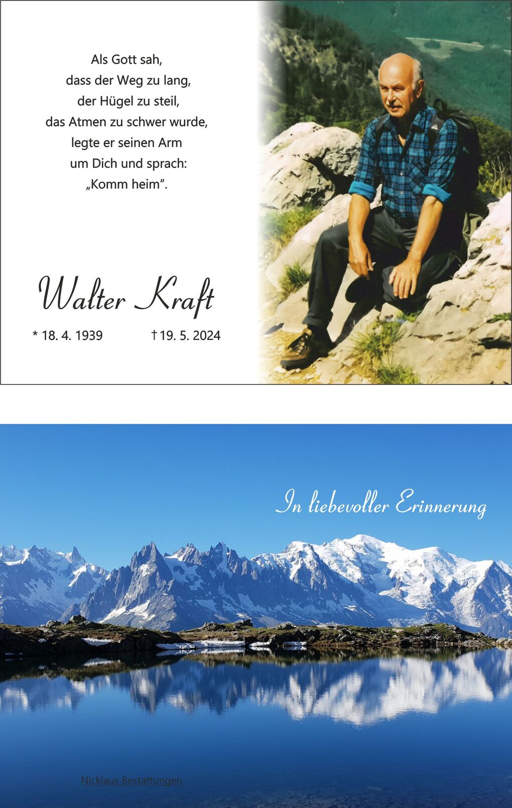 Portr&auml;t eines Mannes in Berglandschaft, umgeben von Felsen und B&auml;umen, mit Inschrift und Gedenkst&auml;tte f&uuml;r Walter Kraft.