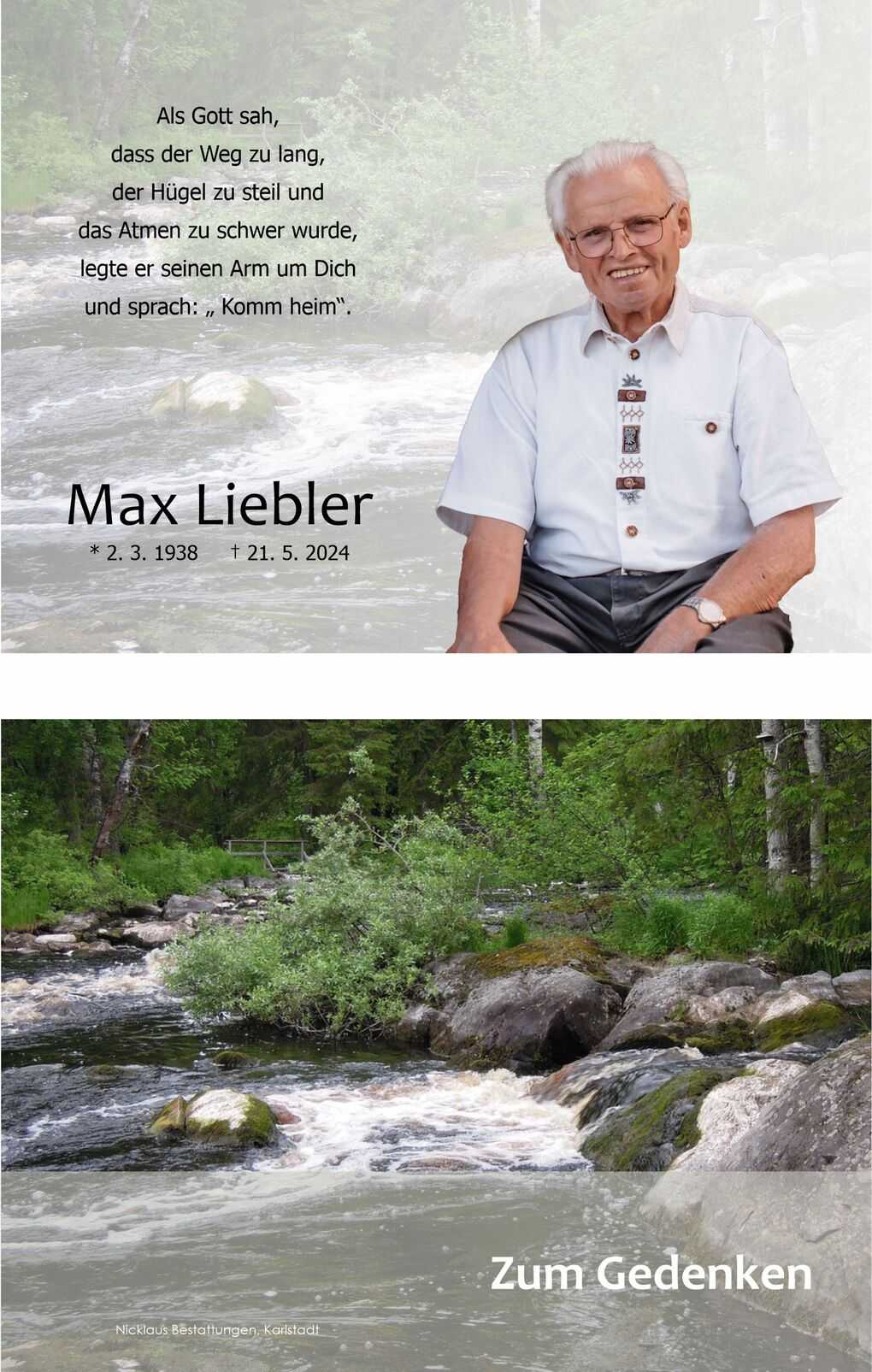 Portr&auml;t eines &auml;lteren Mannes mit Brille, l&auml;chelnd vor einer Naturkulisse mit Fluss im Hintergrund. Text zum Gedenken.