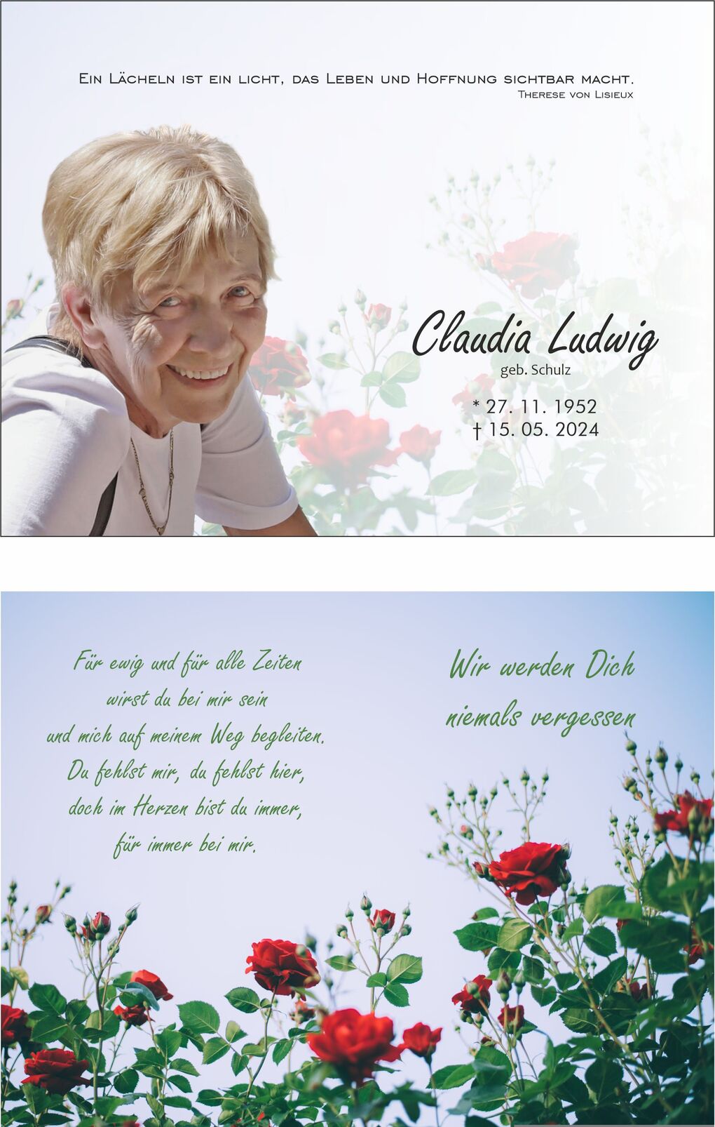 Portr&auml;t einer l&auml;chelnden Frau mit kurzen, blonden Haaren vor einer Rosenhecke, umgeben von bl&uuml;henden roten Rosen.