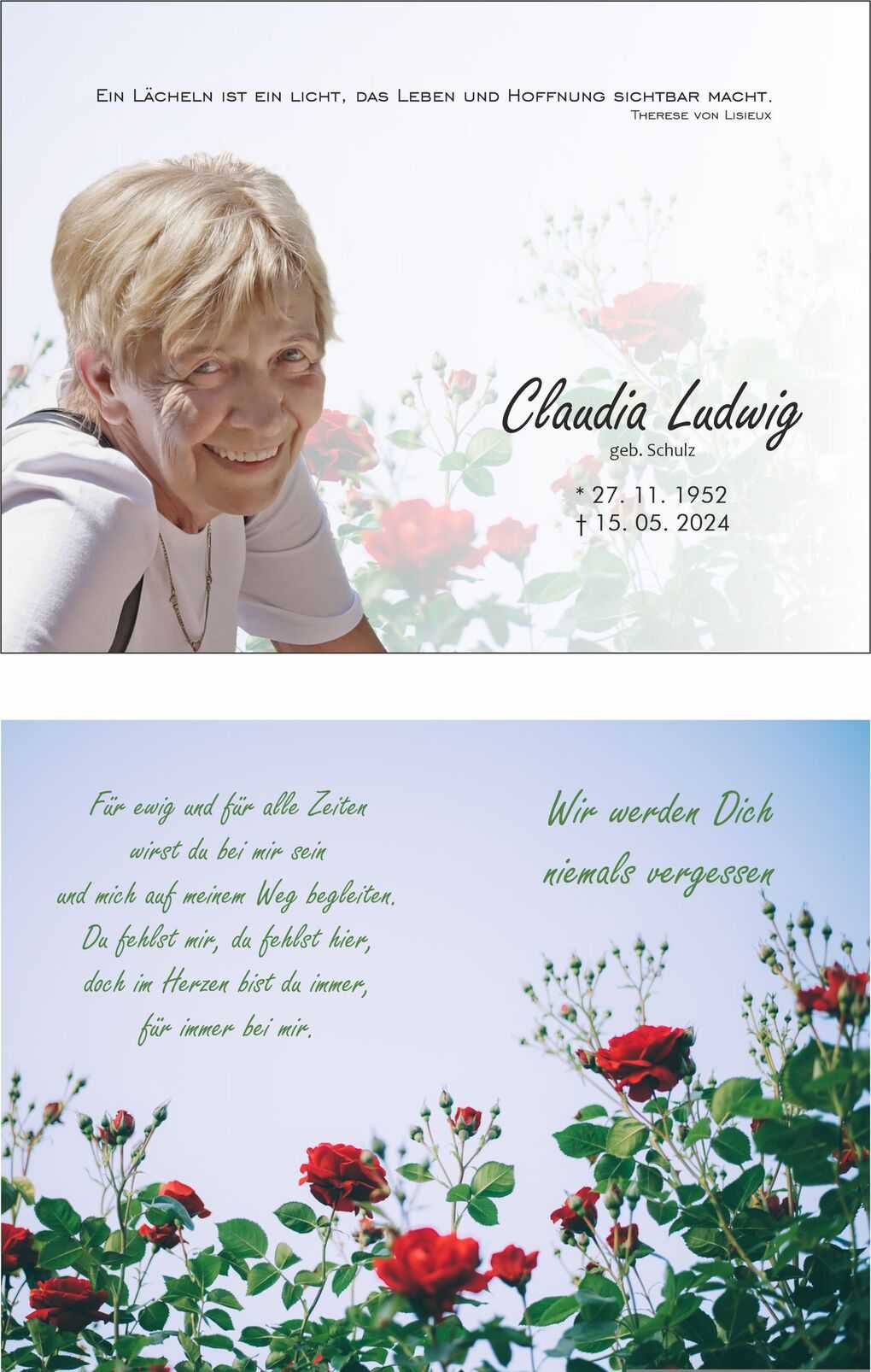 Portr&auml;t einer l&auml;chelnden Frau mit kurzen, blonden Haaren vor einer Rosenhecke, umgeben von bl&uuml;henden roten Rosen.