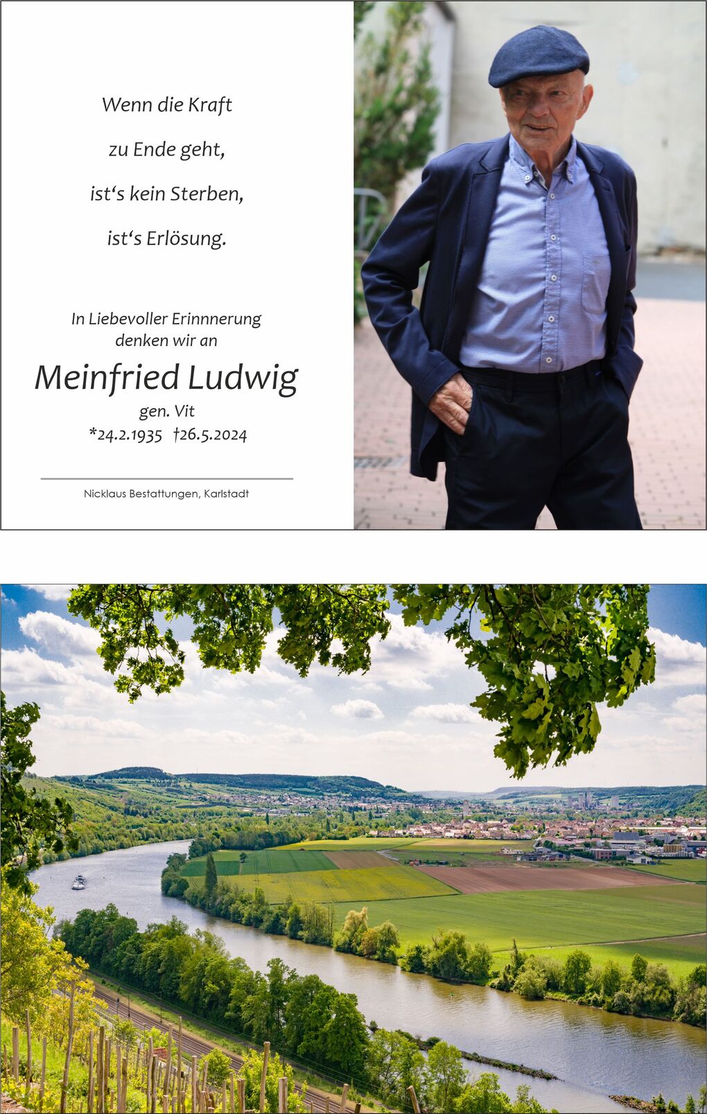 Grabkarte mit Foto eines &auml;lteren Mannes in einem blauen Sakko und Schieberm&uuml;tze; im Hintergrund eine beige Wand.