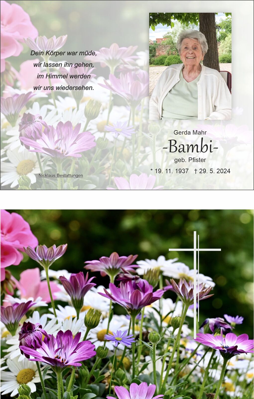 Bl&uuml;hende Blumen in lila und wei&szlig;, mit einem wei&szlig;en Kreuz im Hintergrund, das Trost und Erinnerung symbolisiert.