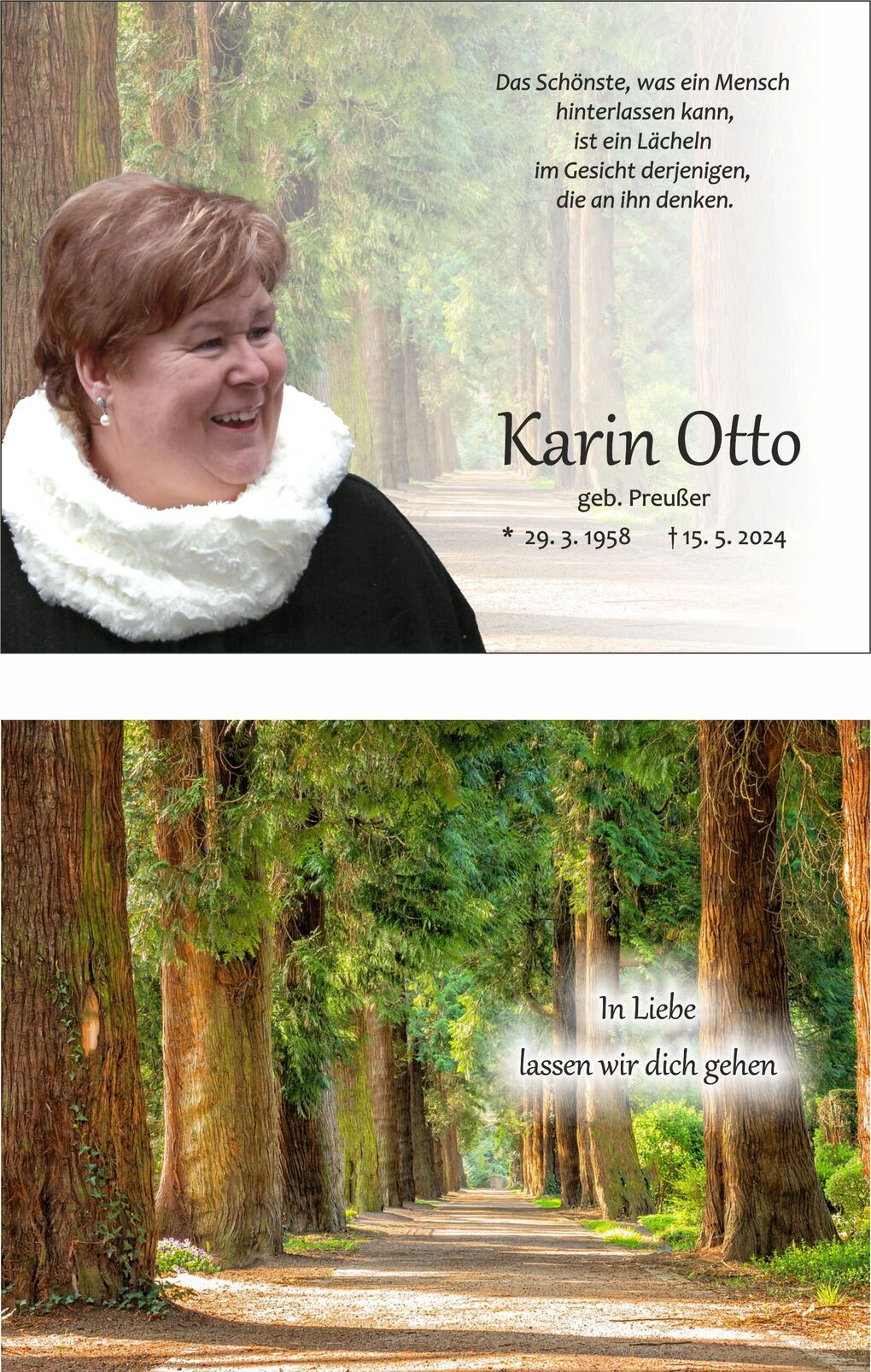 Portr&auml;t einer l&auml;chelnden Frau mit braunem Haar, umgeben von einer Waldlandschaft mit hohen B&auml;umen und einem Weg.