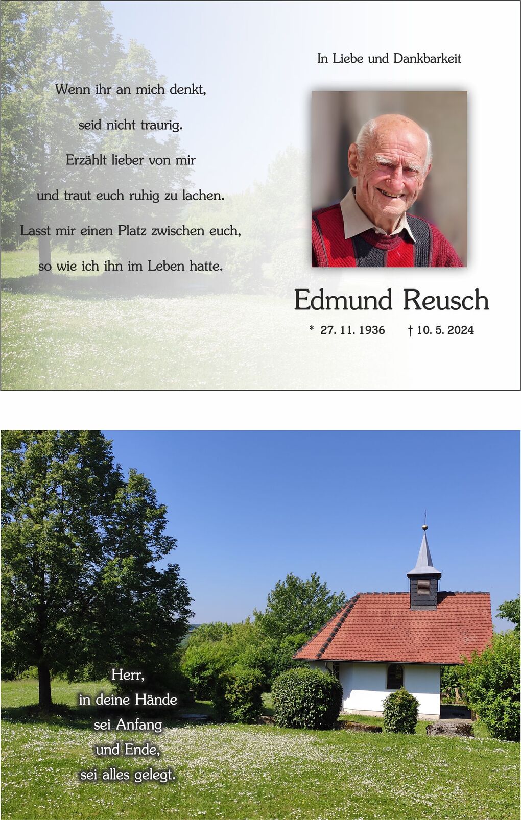 Gedenkbild mit Portr&auml;t eines l&auml;chelnden &auml;lteren Mannes und einer idyllischen Landschaft mit einer Kapelle im Hintergrund.
