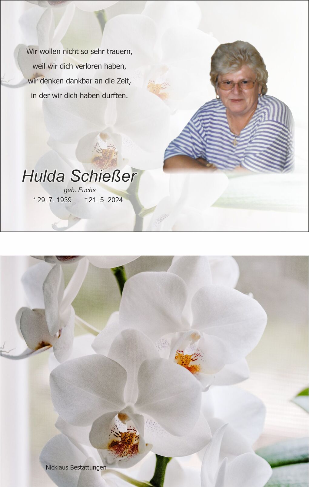 Bild mit einer Person und Orchideen: Frau mit Brille, gestreiftem Oberteil, umgeben von wei&szlig;en Orchideenbl&uuml;ten.