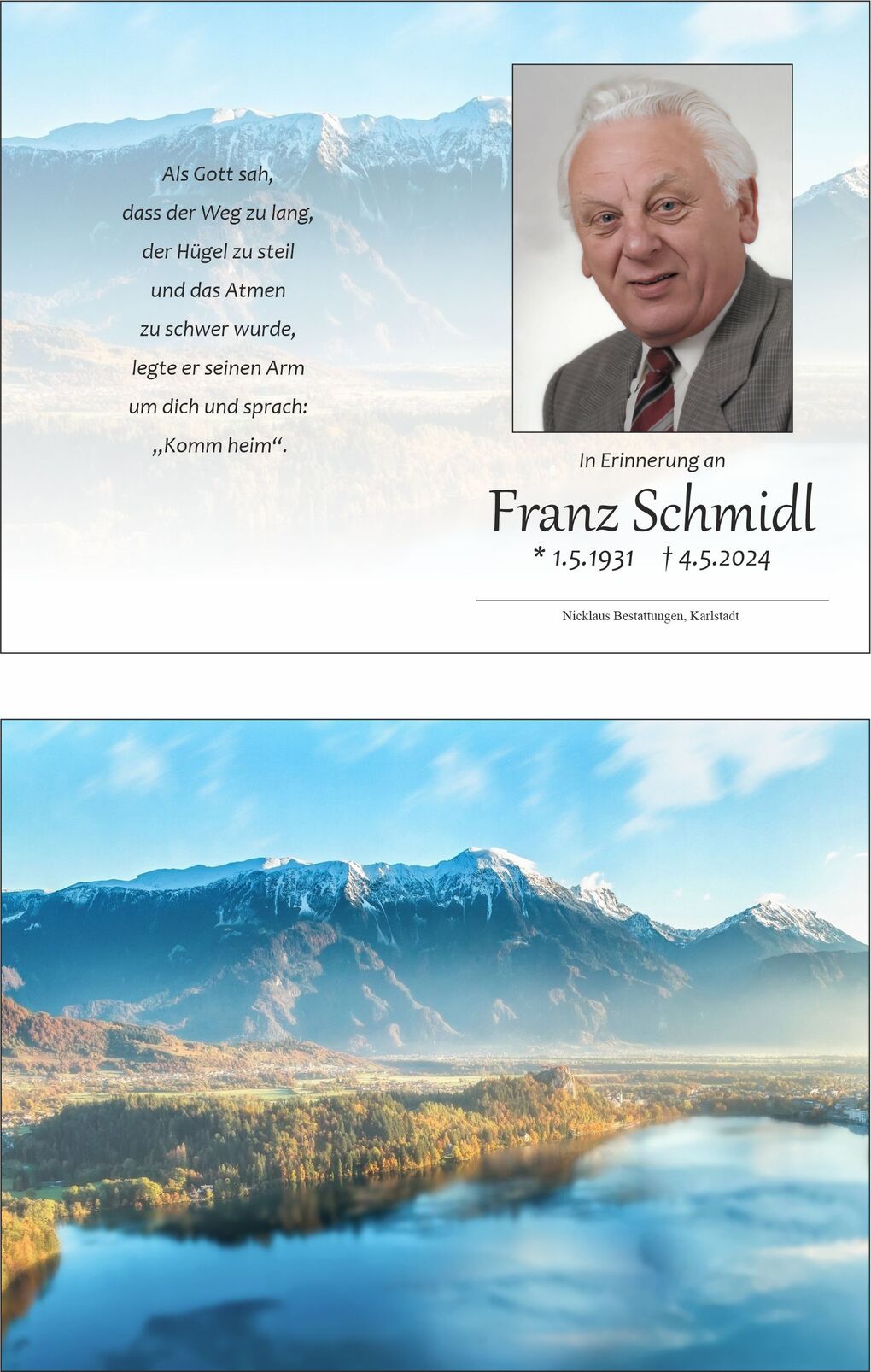 Gedenkblatt f&uuml;r Franz Schmidl mit Portr&auml;t, Erinnerungsvers und Berglandschaft im Hintergrund.