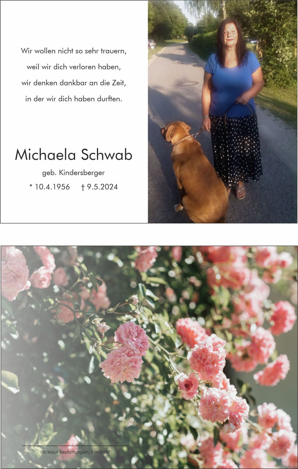 Frau mit langen Haaren und Hund auf einem Weg, begleitet von einem schriftlichen Nachruf und Bildern von Rosen.