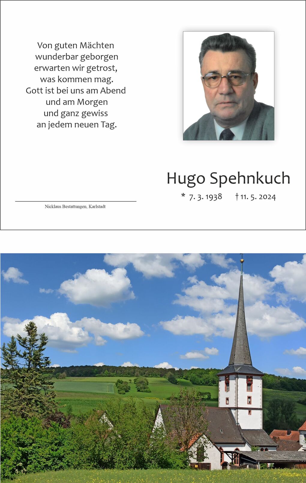 Hinweis zur Trauer, mit einem Bild von Hugo Spehnkuch und einer l&auml;ndlichen Kirche umgeben von gr&uuml;nen Feldern und B&auml;umen.