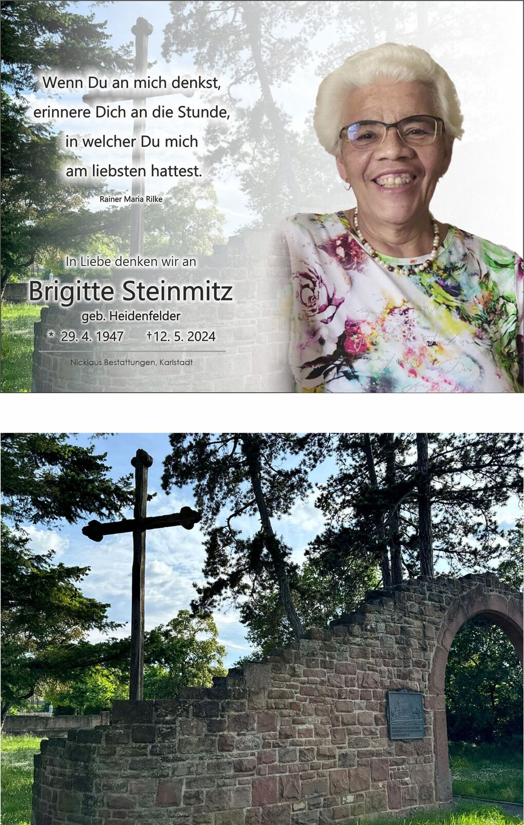 Bild zeigt ein Denkmal mit Kreuz und Steinmauer umgeben von B&auml;umen im Freien, vor einem klaren Himmel.