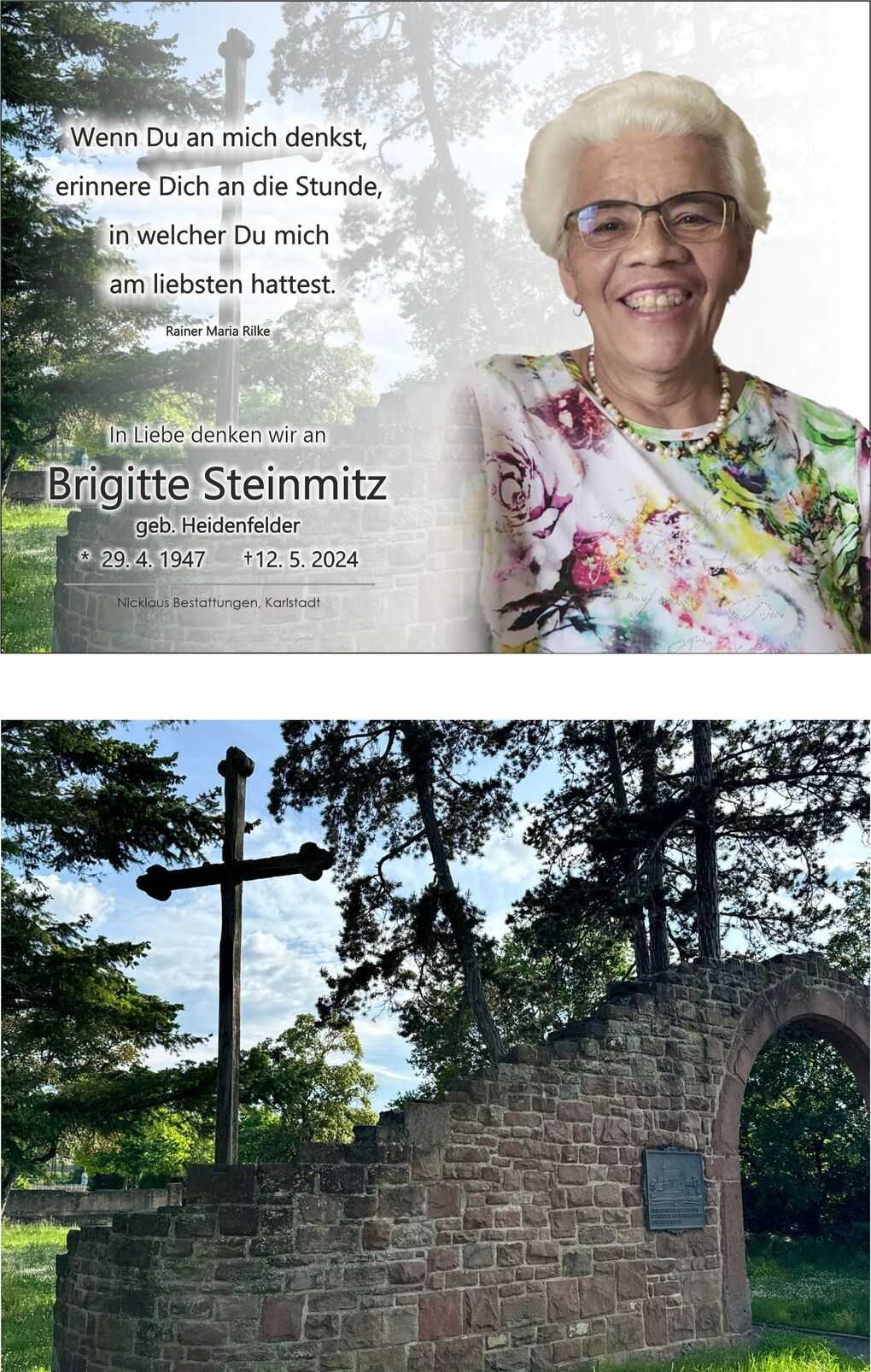 Bild zeigt ein Denkmal mit Kreuz und Steinmauer umgeben von B&auml;umen im Freien, vor einem klaren Himmel.