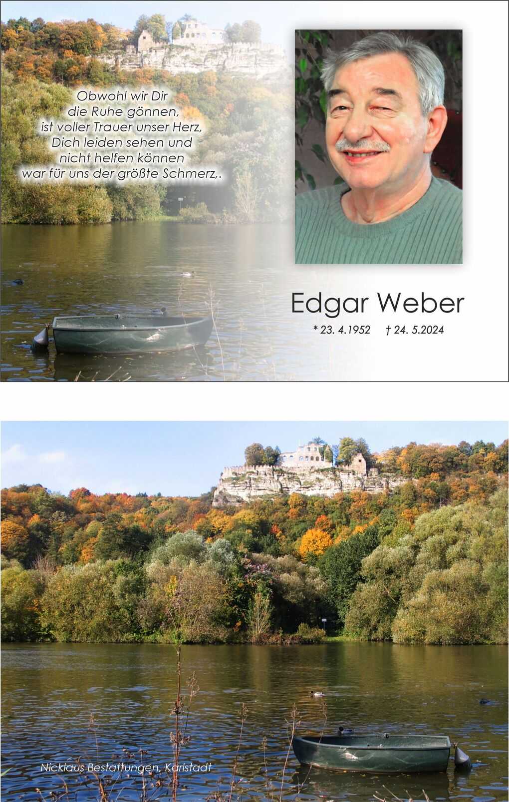 Portr&auml;t eines l&auml;chelnden Mannes neben einer idyllischen Landschaft mit einem Boot auf dem Wasser und bunten B&auml;umen im Hintergrund.