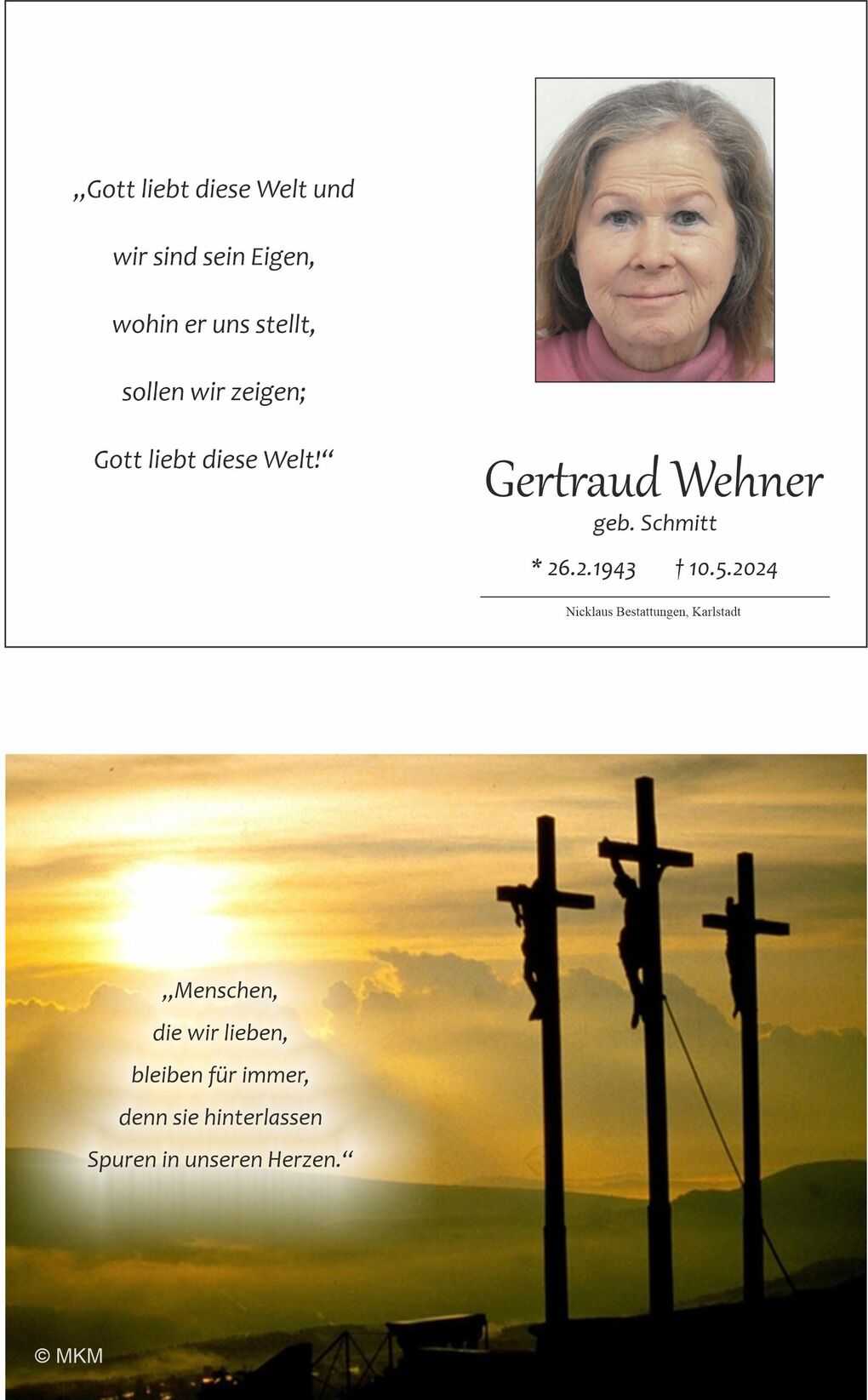 Bild zeigt ein Trauerdesign mit einem Foto einer Frau, einem Textzitat und silhouettisierten Kreuzen vor einem Sonnenuntergang.