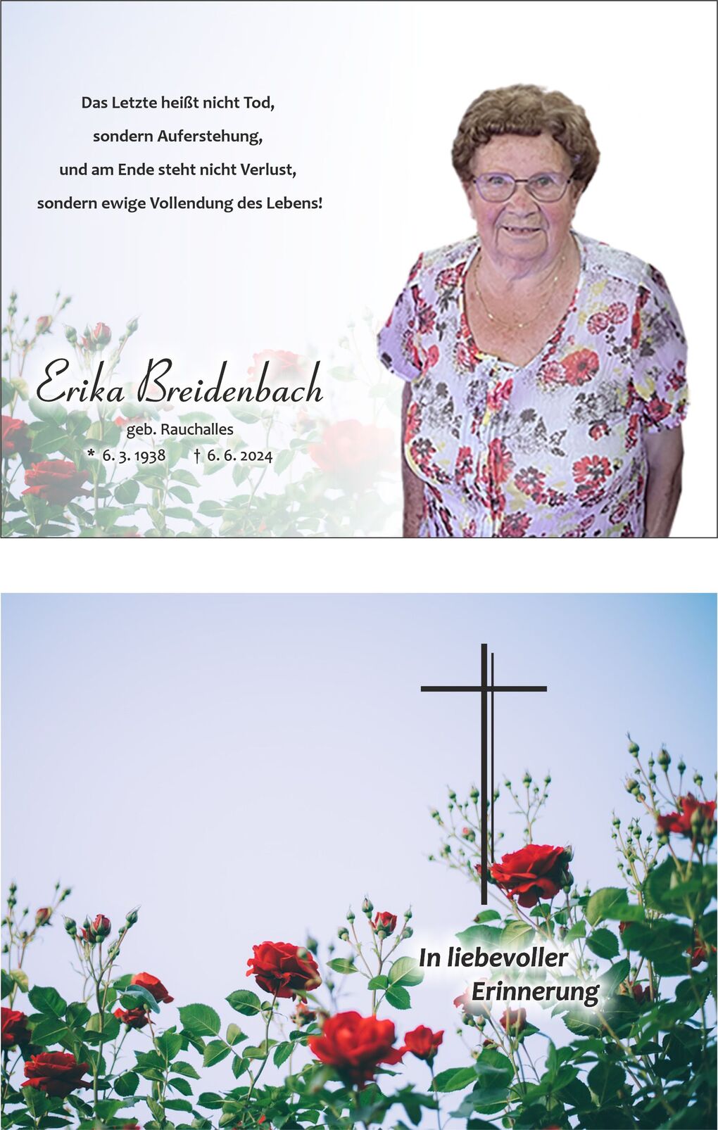 Trauerkarte mit Foto von Erika Breidenbach, umgeben von roten Rosen und einem Kreuz, mit Lebenserinnerung und Datum.