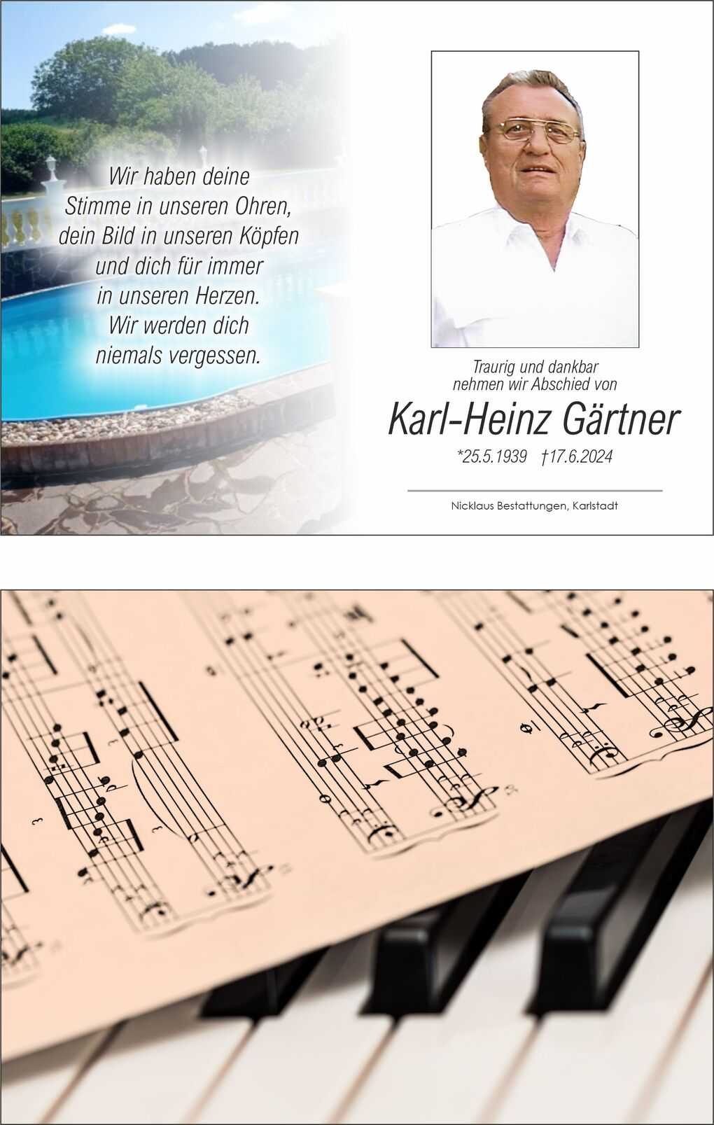 Bild zeigt eine Gedenkkarte f&uuml;r Karl-Heinz G&auml;rtner mit einem Text und einem Portr&auml;t sowie einem Hintergrund mit einem Schwimmbecken.