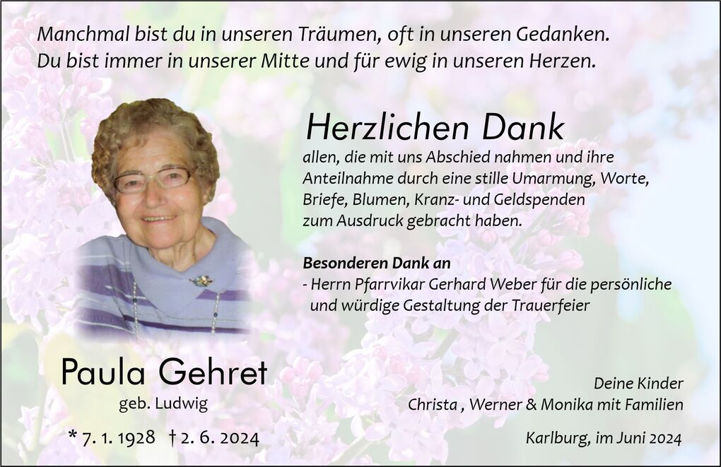 Traueranzeige f&uuml;r Paula Gehret mit Dankesworten und ihrem Foto auf lilafarbenem Hintergrund.