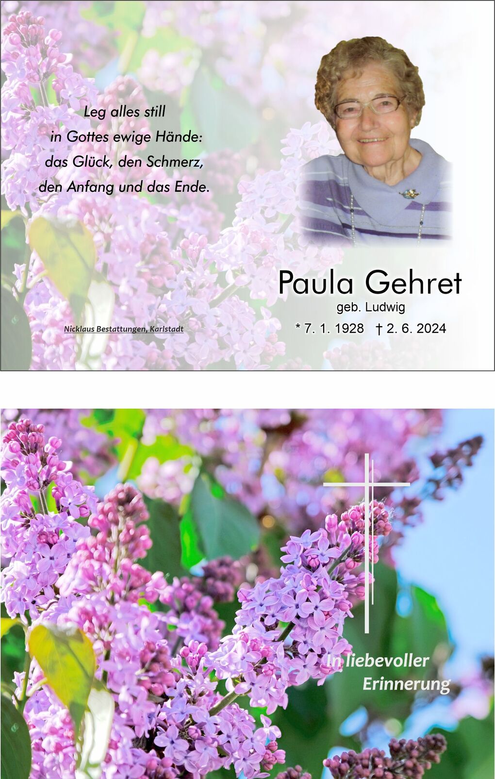 Bild von lila Fliederbl&uuml;ten, &uuml;berlagert mit einem Kreuz und der Inschrift &bdquo;In liebevoller Erinnerung&ldquo;.