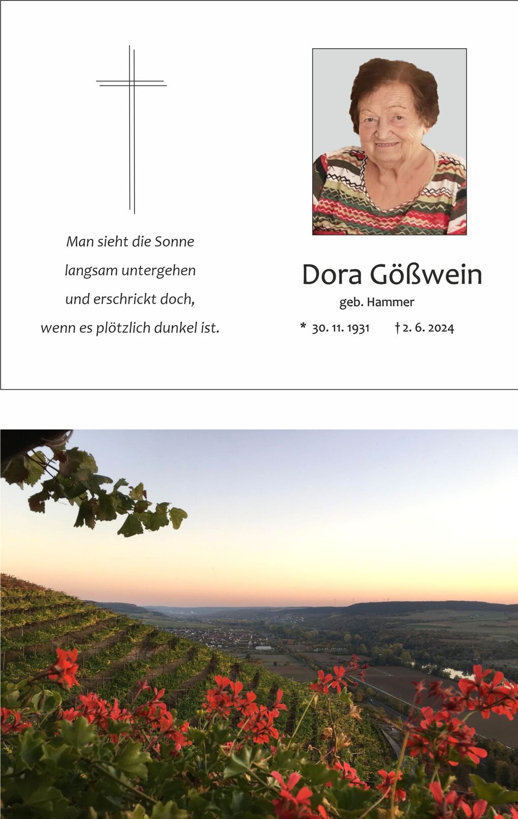 Trauerkarte mit einem Foto von Dora G&ouml;&szlig;wein, umgeben von Verse und pers&ouml;nlichen Informationen. Hintergr&uuml;nde mit Weinbergen.