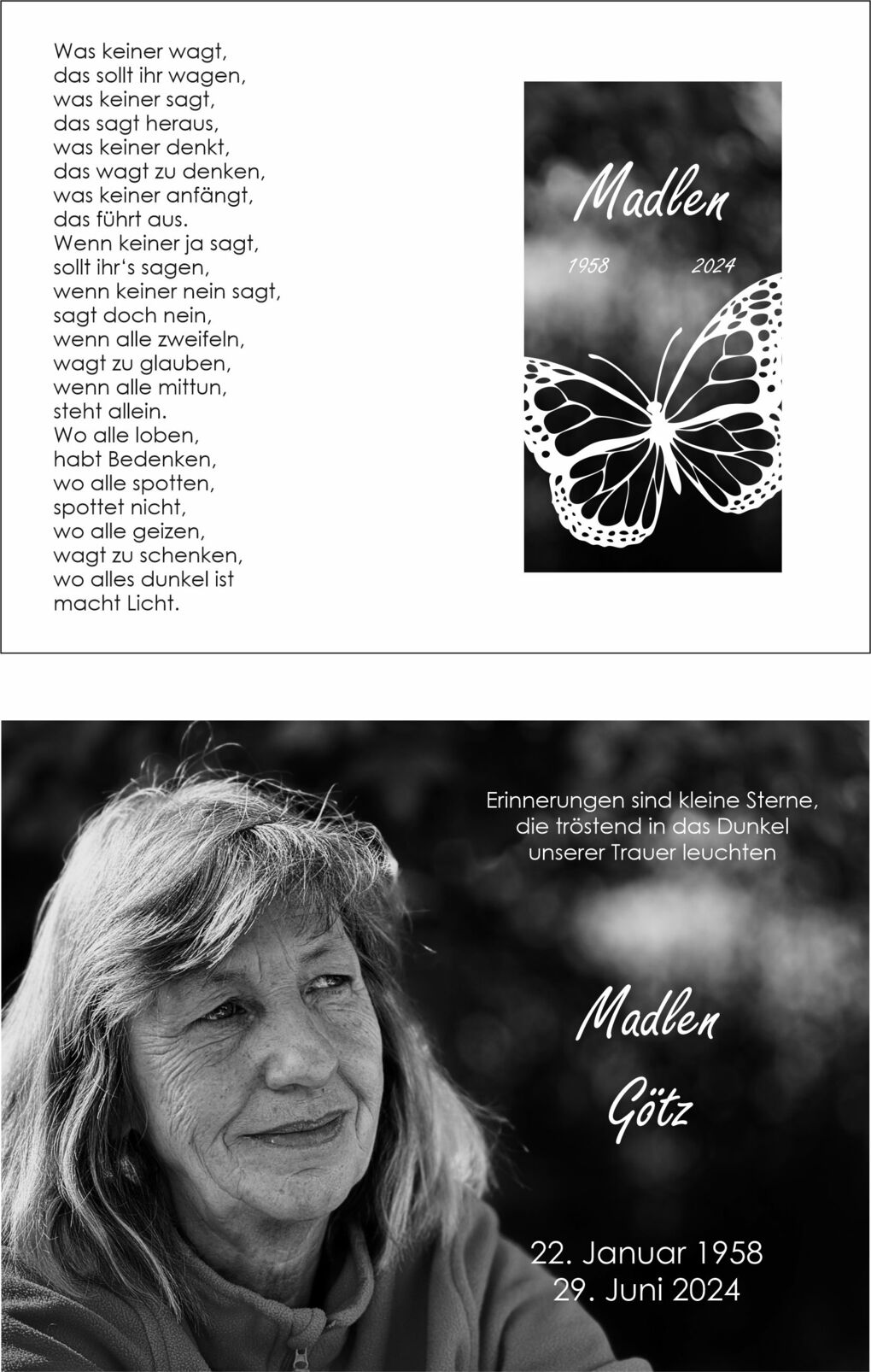 Gedenkseite f&uuml;r Madlen G&ouml;tz mit Gedichten, Lebensdaten und Portr&auml;tfoto in Schwarz-Wei&szlig;. Schmetterling und Trostbotschaft.