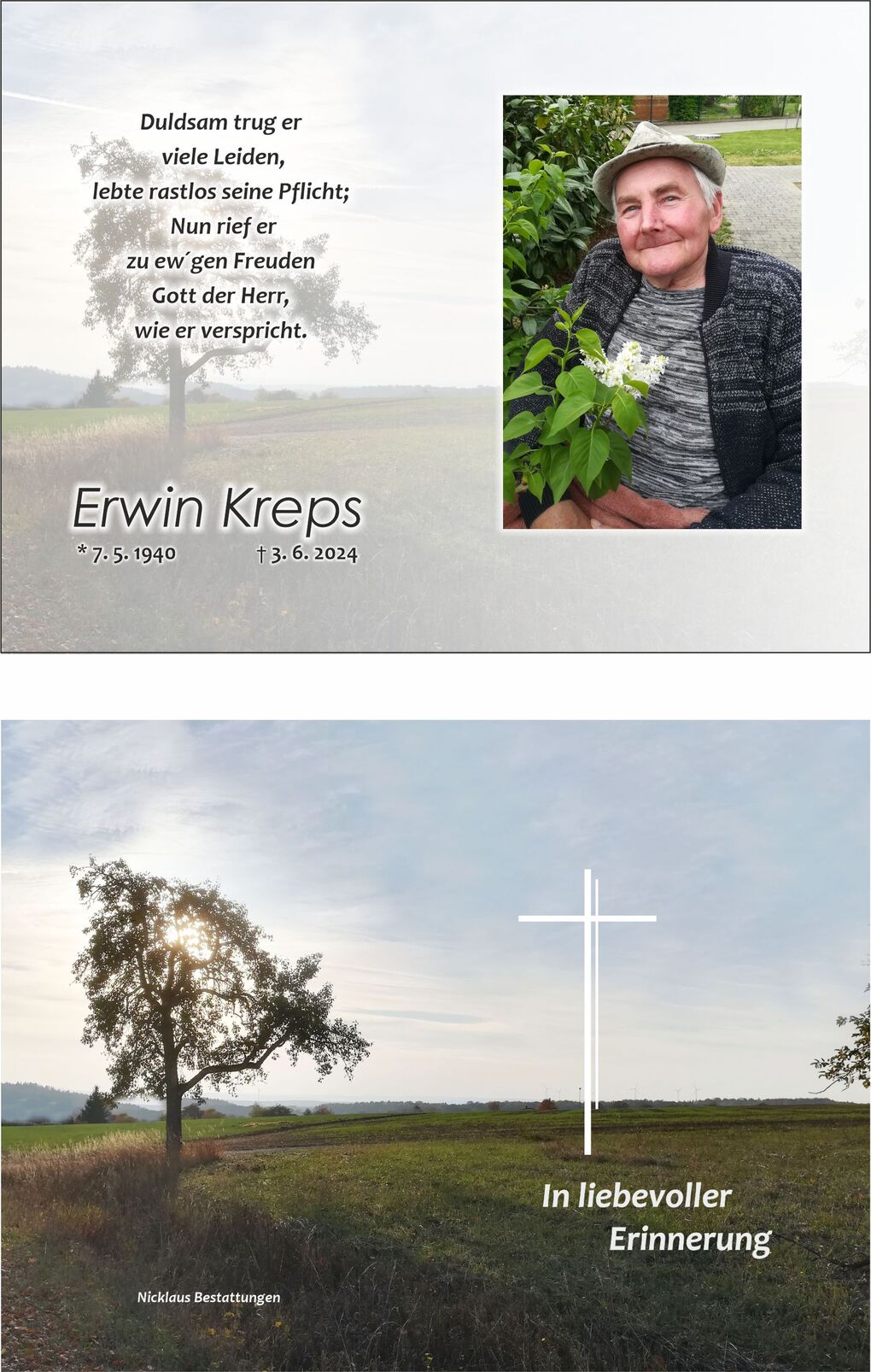Gedenkblatt f&uuml;r Erwin Kreps mit Foto, Lebensdaten und Erinnerungstext, darunter Landschaftsbild mit Baum und Sonnenschein.