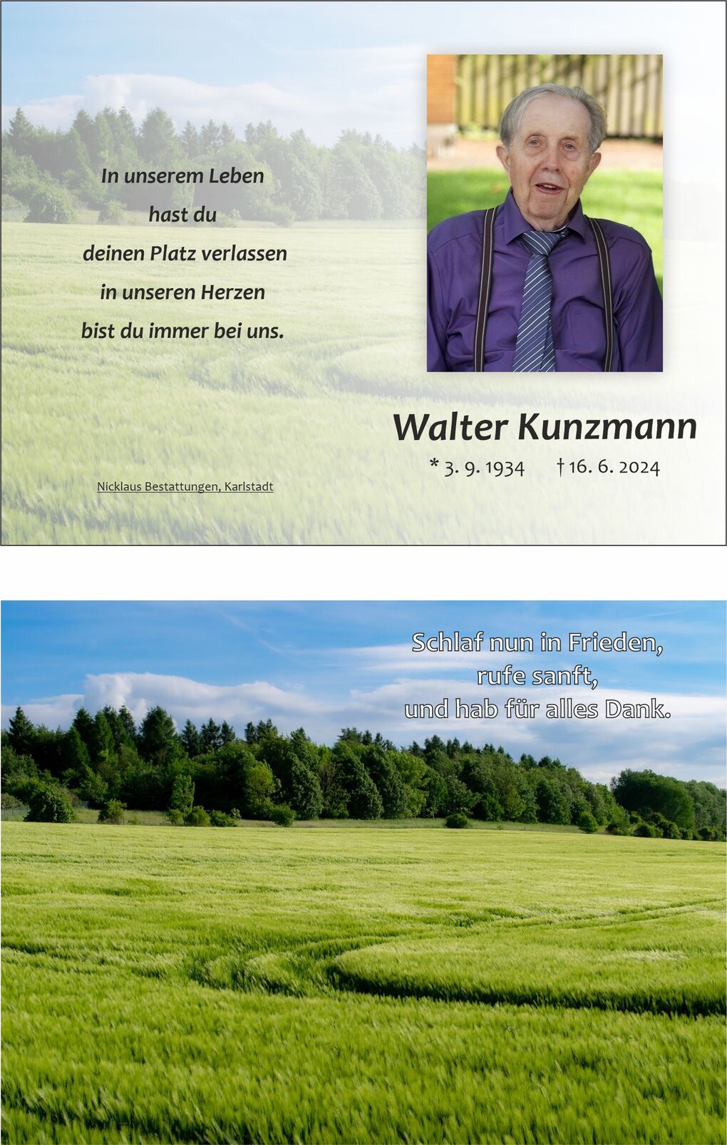 Gedenkbild f&uuml;r Walter Kunzmann mit Foto, Lebensdaten und Trauervers f&uuml;r den Frieden, umgeben von gr&uuml;nen Feldern.