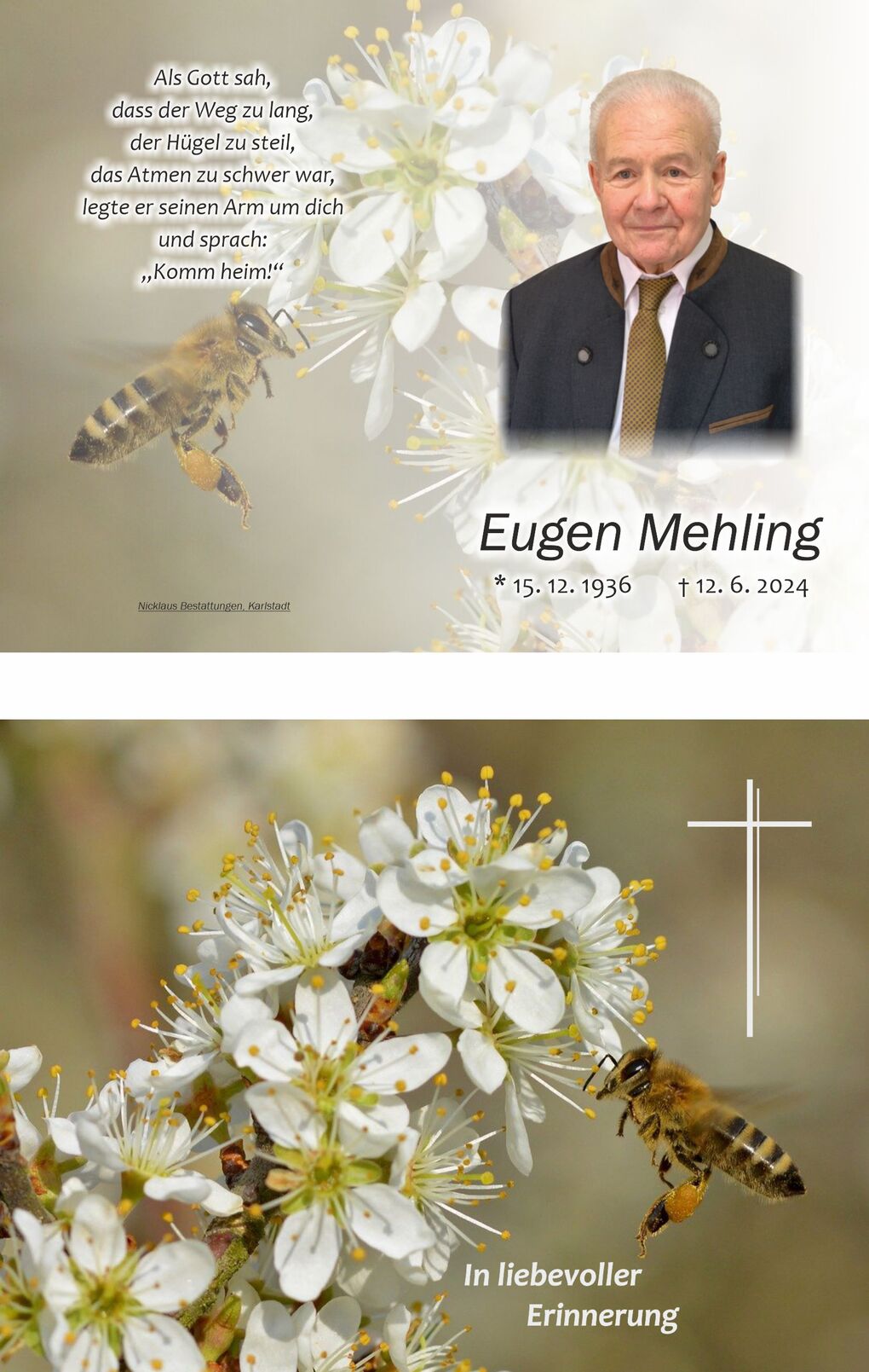 Abbildung eines Mandatstr&auml;gers mit Blumen und einer Biene, begleitet von einem Trauerspruch und Gedenktext.