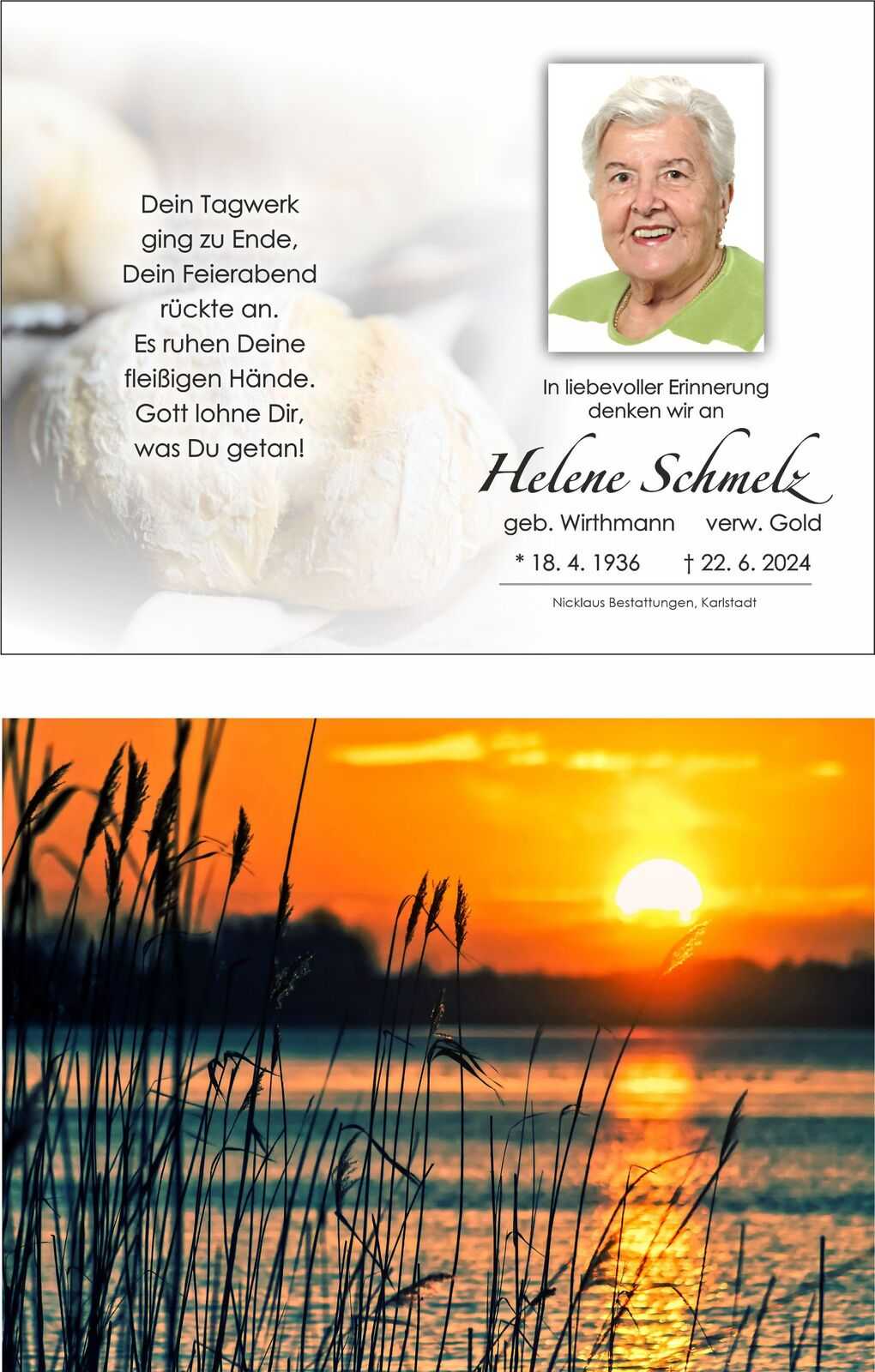 In liebevoller Erinnerung an Helene Schmelz mit Lebensdaten und einem Bild, erg&auml;nzt durch ein Brot im Hintergrund.