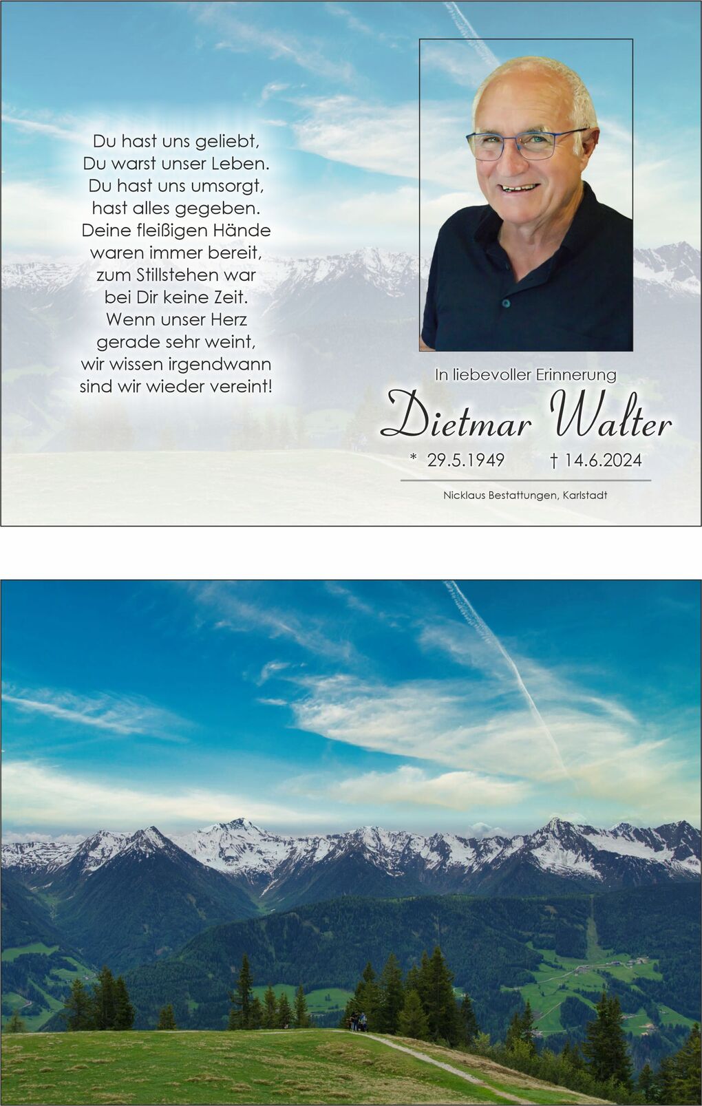 Berglandschaft mit schneebedeckten Gipfeln, gr&uuml;nen Wiesen und bl&uuml;hendem Himmel, im Hintergrund kleine Wandernde auf dem Pfad.