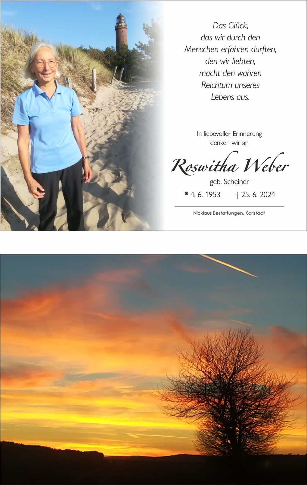 Frau mit Brille steht am Strand, ein Leuchtturm ist im Hintergrund sichtbar, daneben eine Trauerkarte.